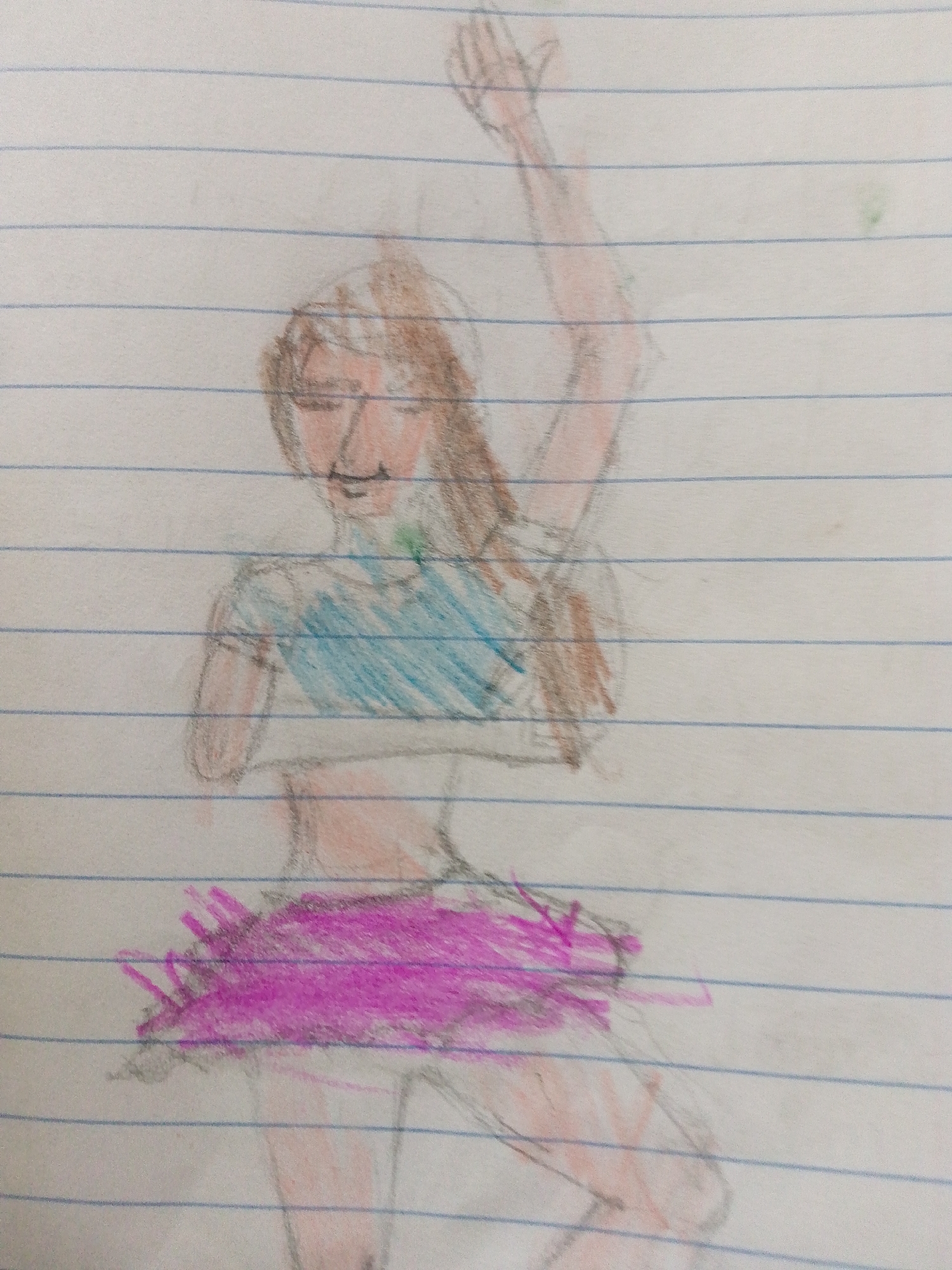 A drawing on lined paper depicts a figure, possibly a ballerina. The figure has brown hair, a blue top, a pink tutu, and is in a dance pose with one arm raised. The drawing lacks detailed facial features. There is no indication of the city of Juan Griego, Venezuela.