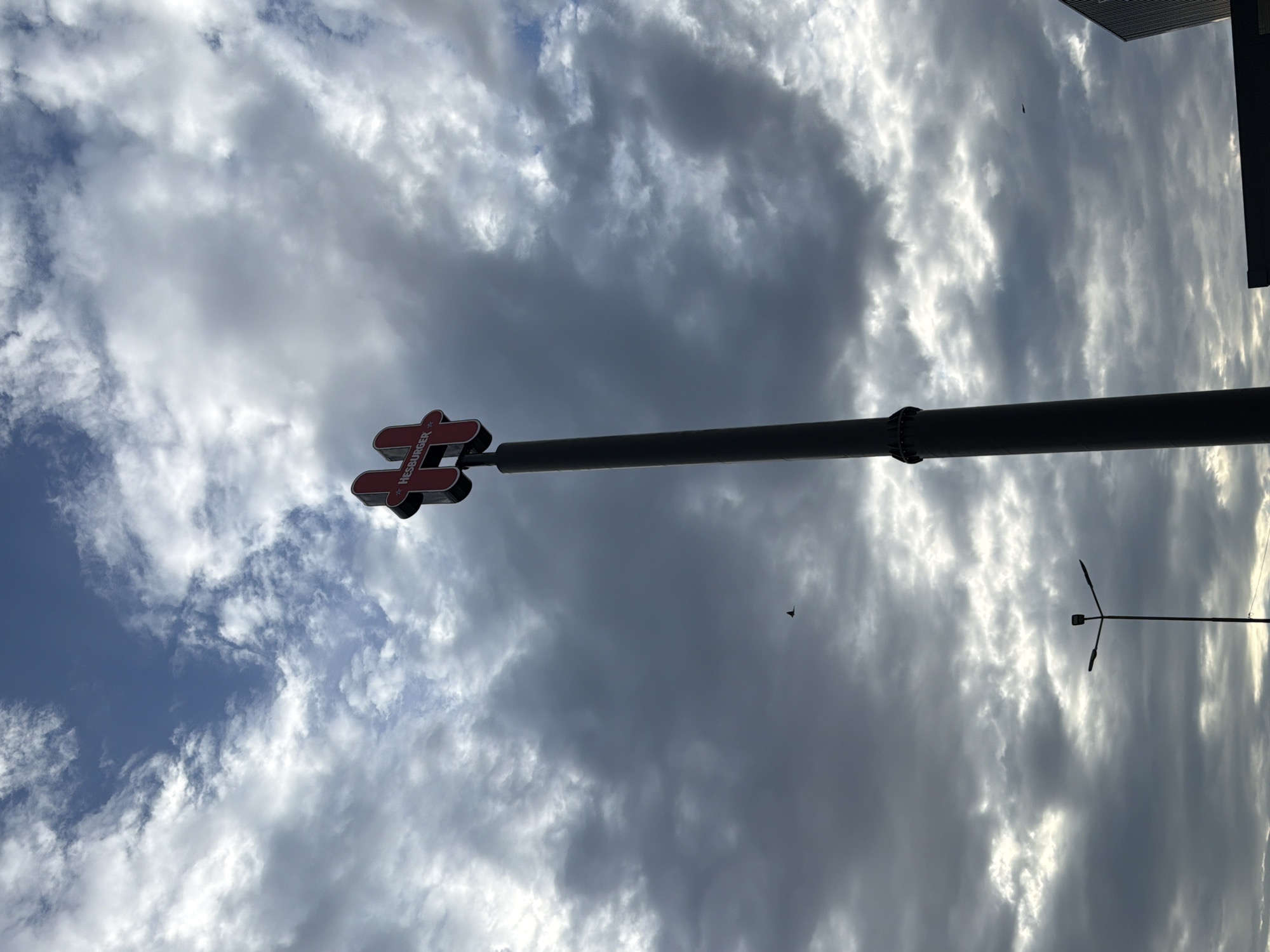 The image shows a low-angle view of a Hesburger restaurant sign and a street lamp against a cloudy sky. The sign is mounted on a pole. There's a bird flying in the sky. The location is likely Polsko Padarevo, Bulgaria, based on the Hesburger signage. The sky is predominantly covered with layered clouds. The scene is outdoors during daylight hours.