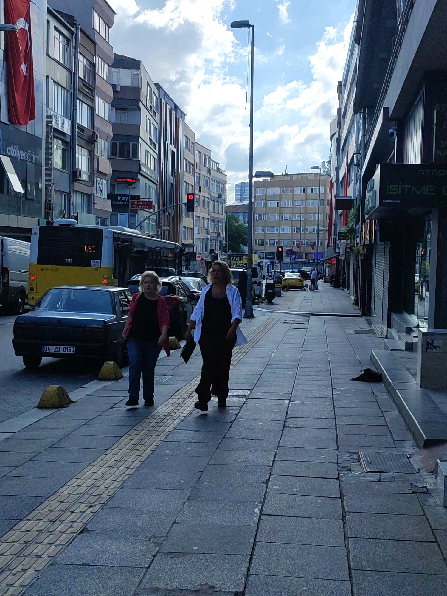 A street scene in Kadıköy, Turkey, features a sidewalk lined with buildings on the right and a street with vehicles on the left. Two women walk on the sidewalk, one wearing a pink cardigan over a dark top and jeans, and the other in a white open cardigan over a dark outfit. A dark-colored sedan with license plate "34 ZD 0163" is parked on the street. A yellow bus with the number "C137" is also visible. The buildings display various signage, including "atölye eğitim," "iray beauty spa," "kuşdili caddesi," and "işitme" indicating shops and services. The sky above is cloudy. A cat is lying on the sidewalk in the foreground, to the right of the two walking women. Yellow bollards are positioned along the edge of the sidewalk.