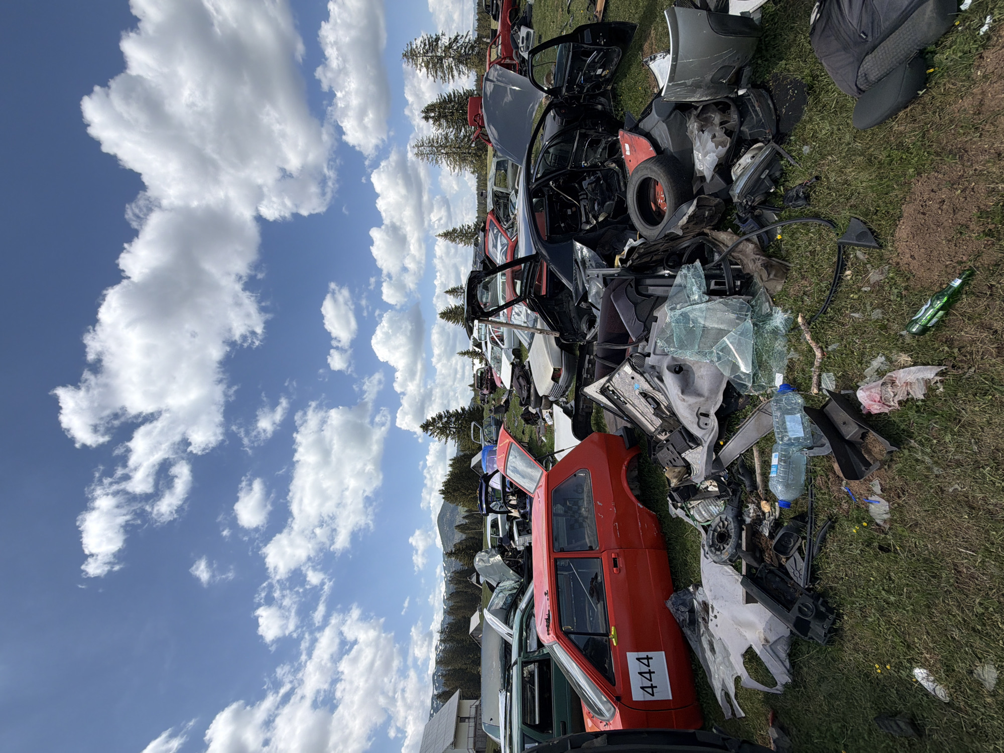 The image depicts a junkyard in what appears to be a field, likely located in or near Žabljak, Montenegro, given the mountainous terrain visible in the background and the presence of European car models. The scene is filled with wrecked and disassembled vehicles. Various car parts such as doors, hoods, engines, tires, and shattered glass are scattered across the grassy area. The sky is partly cloudy. There are no people visible in the scene. A water bottle sits among the debris. One car has the number "444" on its side. The overall impression is one of a disorganized and environmentally concerning site.