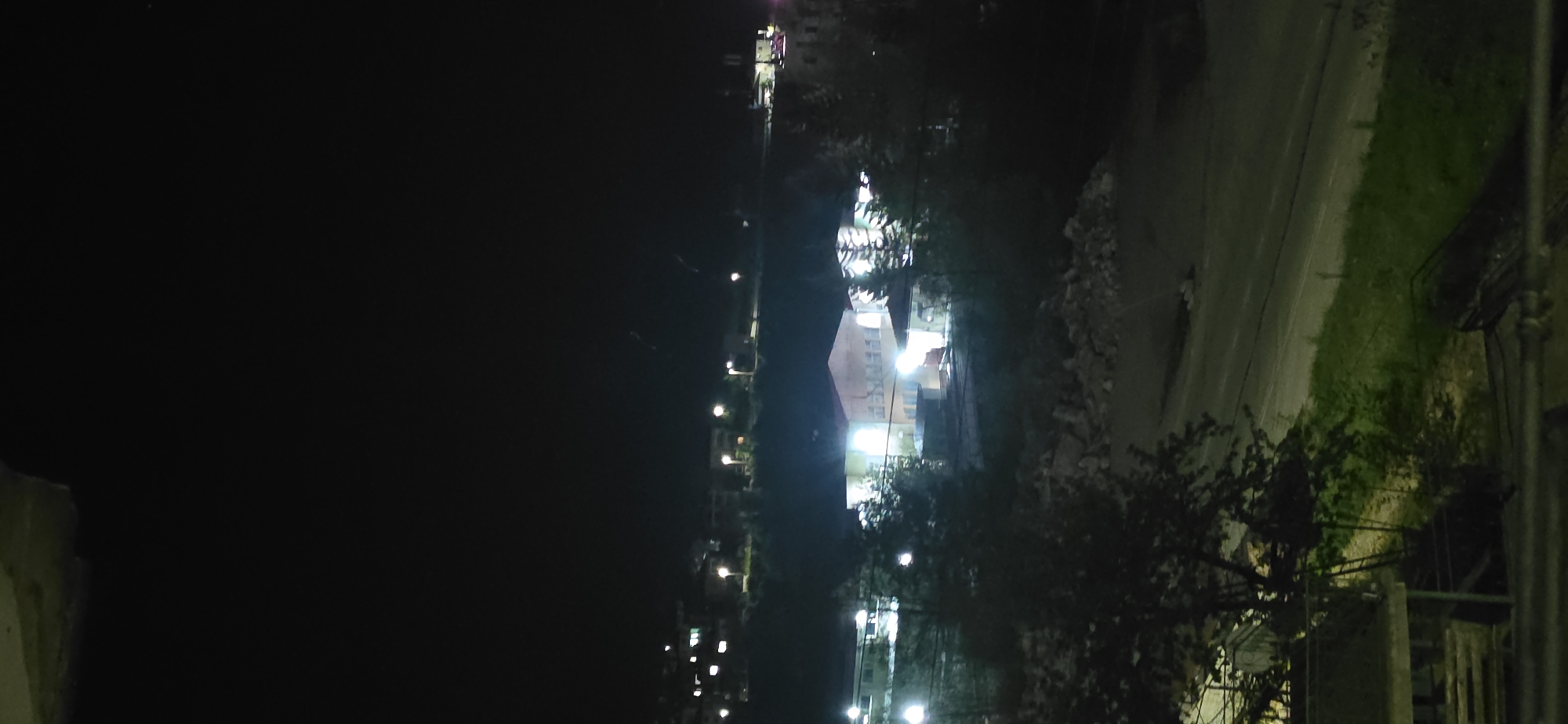 The image depicts a night scene in Rudozem, Bulgaria. A street runs along the right side of the image, bordered by a grassy area and vegetation. A building is illuminated in the center of the frame, with a row of streetlights extending towards the left side. The left portion of the image is predominantly dark, suggesting an area with less illumination. Trees are interspersed throughout the scene.
