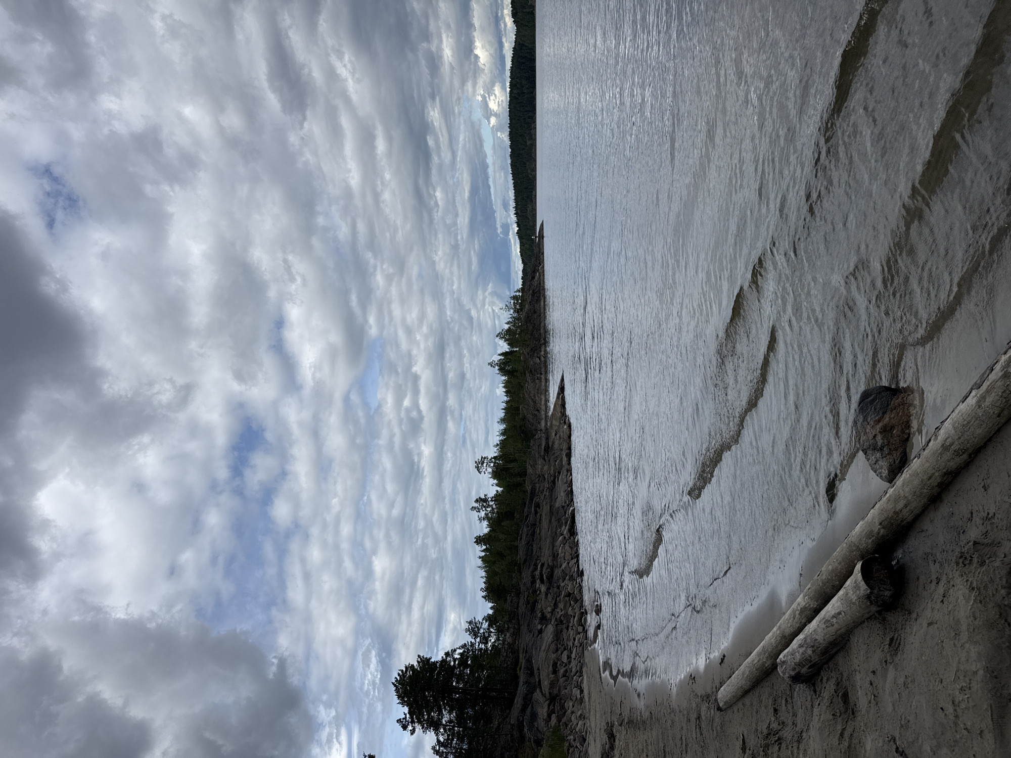 The image shows a natural landscape scene by a body of water under a cloudy sky. In the foreground, there is a sandy shore with two large logs lying parallel to each other. A dark, rounded rock is situated near the logs in the shallow water. The water's surface is rippled, indicating gentle movement.
The middle ground features a rocky shoreline with scattered stones and a dense forest of coniferous trees. The trees are dark green and form a thick line along the edge of the water. The water body extends into the distance, with the opposite shore also lined with a dense forest.
The sky is filled with dramatic, heavy grey clouds, with patches of lighter grey and hints of blue peeking through. The lighting is diffused, creating a somewhat muted and somber atmosphere. There are no people visible in the image. The scene depicts a natural, undeveloped area, likely a remote part of Sorola, Russia, characterized by its rocky coastline, evergreen forests, and expansive water.