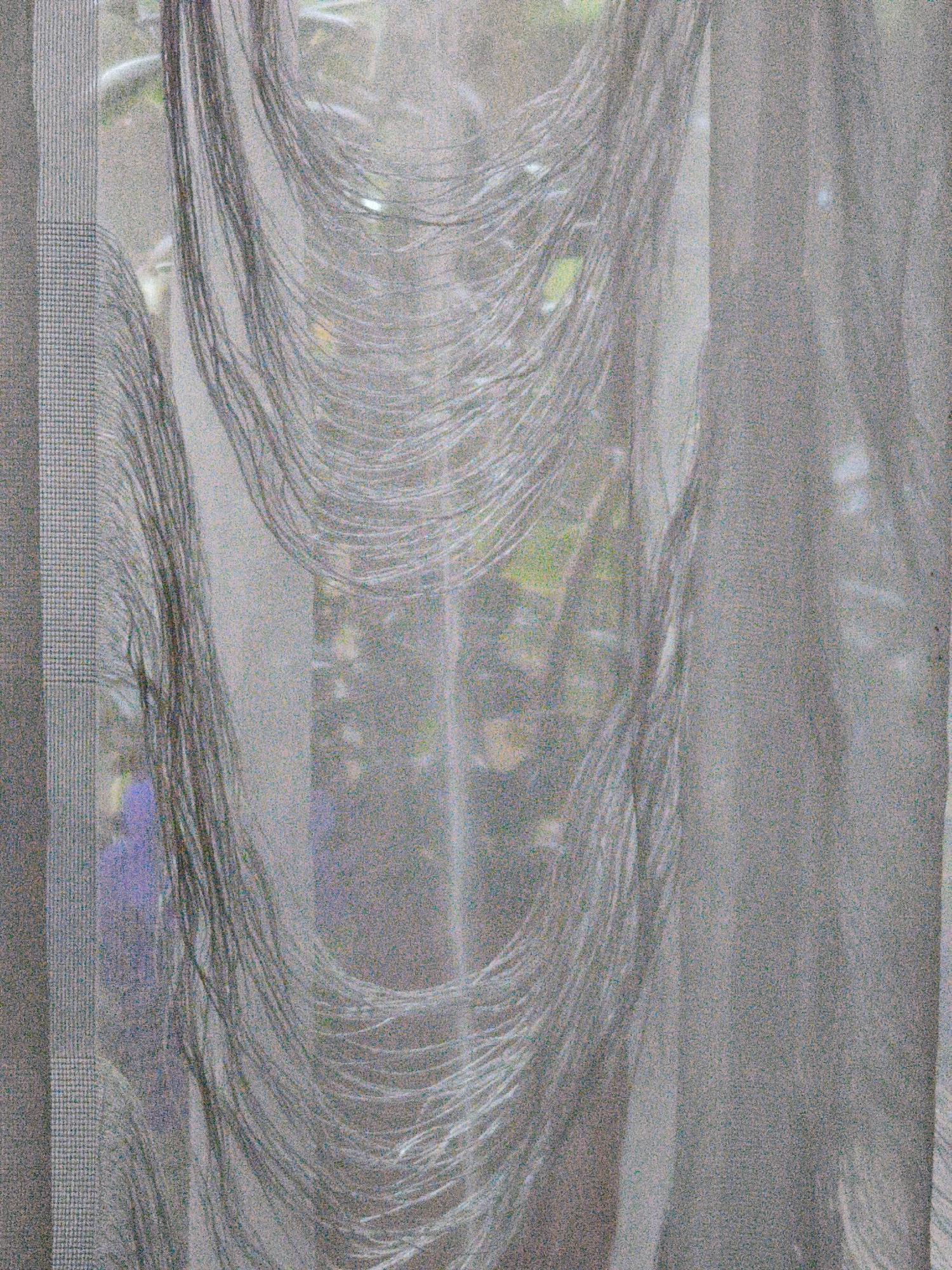 A close-up, grainy, full-frame shot shows a sheer, textured curtain in a home in Steblivka, Ukraine. The curtain has vertical stripes and a decorative, draped effect with loose threads that create a waterfall-like appearance. Through the sheer fabric, the muted colors of an outdoor scene are visible, with hints of green foliage and possibly some blurry figures or objects in purple and darker shades. The lighting appears to be overcast or from an indirect source, casting soft shadows and obscuring fine details of the background. The overall impression is one of indoor domesticity viewed through a translucent barrier, with a hint of the outside world peeking through.