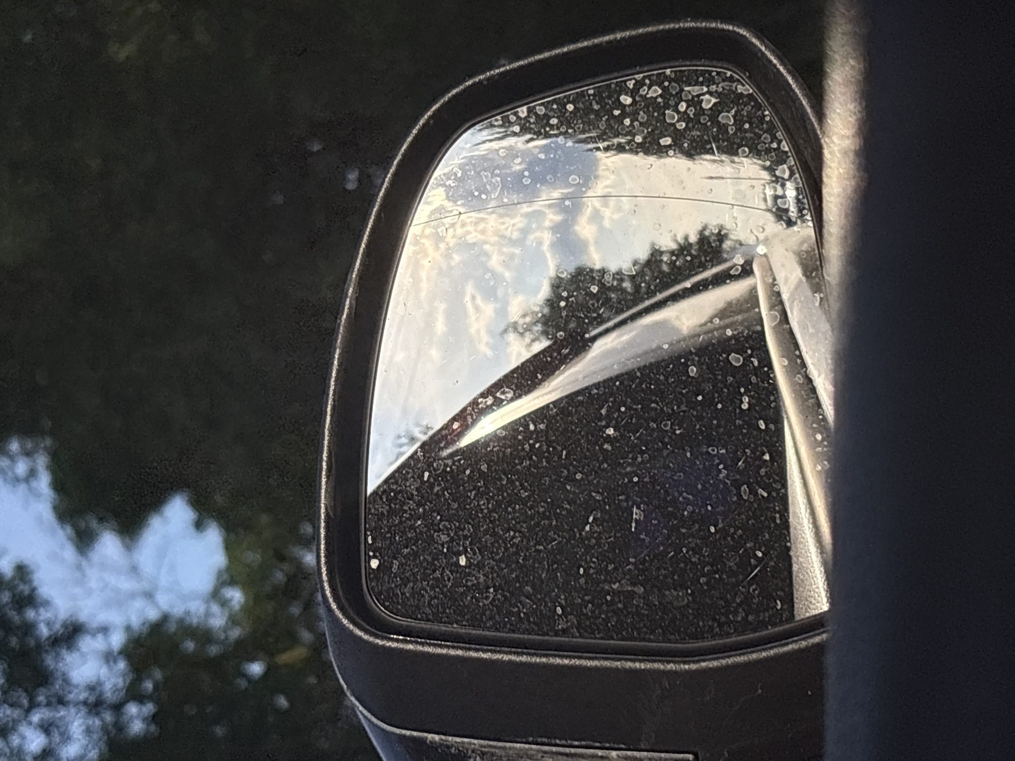 The image displays a close-up, slightly low-angle view of a car's black-framed side mirror, located in Dnp Ryzhiki, Russia. The mirror's surface is heavily encrusted with dried water spots or dirt, and a distinct vertical crack or scratch traverses the right side of the reflective glass. The mirror reflects a partly cloudy sky exhibiting white clouds and warm light, suggesting either early morning or late afternoon, above a reflection of dark green foliage. The background outside the mirror's frame consists of blurred dark green trees and sections of light blue sky. The foreground shows a dark, out-of-focus portion of the vehicle's interior, likely the dashboard or door panel. No people or discernible actions are present in the scene.