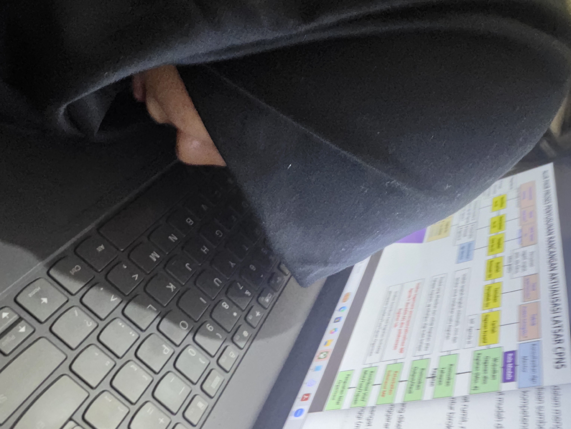The image shows a close-up view of a laptop with a person partially obscured by a dark-colored garment. The laptop screen displays a document with diagrams and text related to "AKTUALISASI LATSAR CPNS." The laptop keyboard is visible.