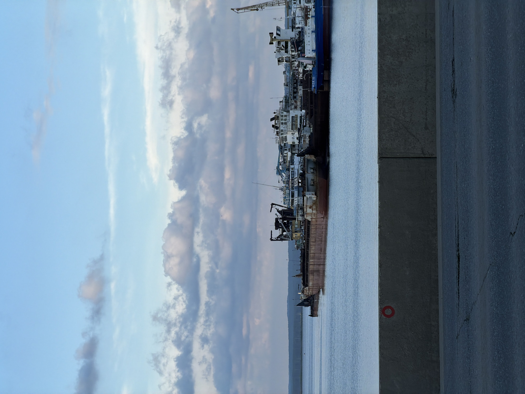 The image depicts a tranquil waterscape in the city of Chaikovsky, Russia, under a softly clouded sky. In the foreground, a concrete barrier with a small red circle marking is visible, separating a paved surface from the water. Beyond this barrier lies a calm expanse of water, reflecting the muted tones of the sky. Moored along the waterfront are several vessels, predominantly barges and what appear to be older cargo ships, some bearing Cyrillic lettering. A construction crane stands prominent among the docked ships. The overall scene suggests a working port or shipyard, with a sense of quietude due to the lack of visible human activity and the subdued lighting.