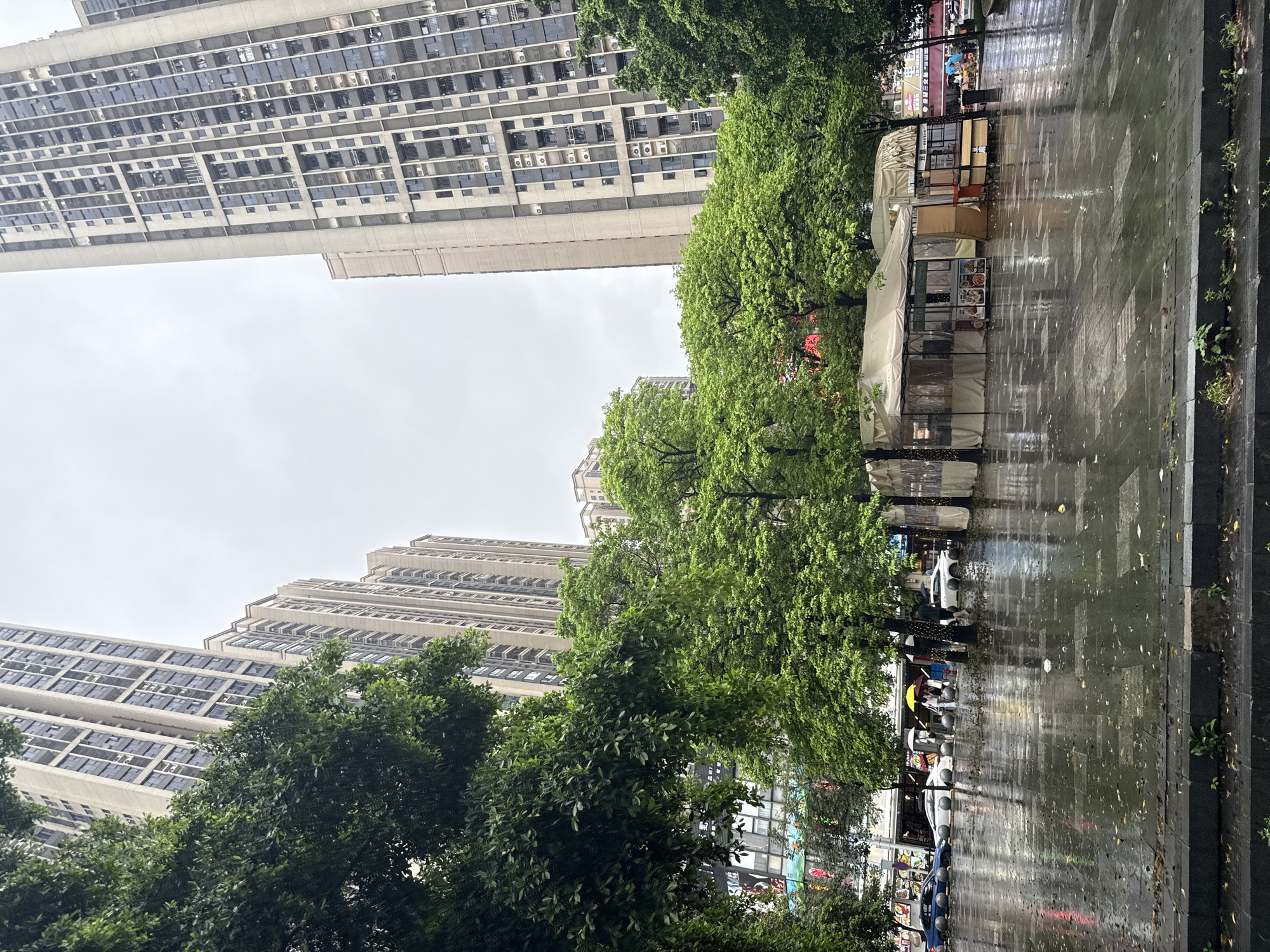 The image depicts a street scene in Haizhu District, China, on an overcast day, likely in the afternoon. The ground is wet, suggesting it has recently rained or is still raining, and reflects the surrounding buildings and trees.
Tall, modern apartment buildings dominate the background, their windows reflecting the sky. In the foreground, lush green trees provide a vibrant contrast to the urban architecture. Along the wet street, several food stalls or small shops are set up, covered with white and tan tarps. Some stalls display colorful advertisements and menus.
People are visible under umbrellas, suggesting the rain. A few individuals are walking along the wet pavement, while others appear to be browsing the stalls. A yellow umbrella is prominent among the pedestrians. A blue car is parked on the street. The atmosphere is somewhat subdued, likely due to the weather. The overall scene suggests a typical urban environment with commercial activity, adapted to the prevailing weather conditions.