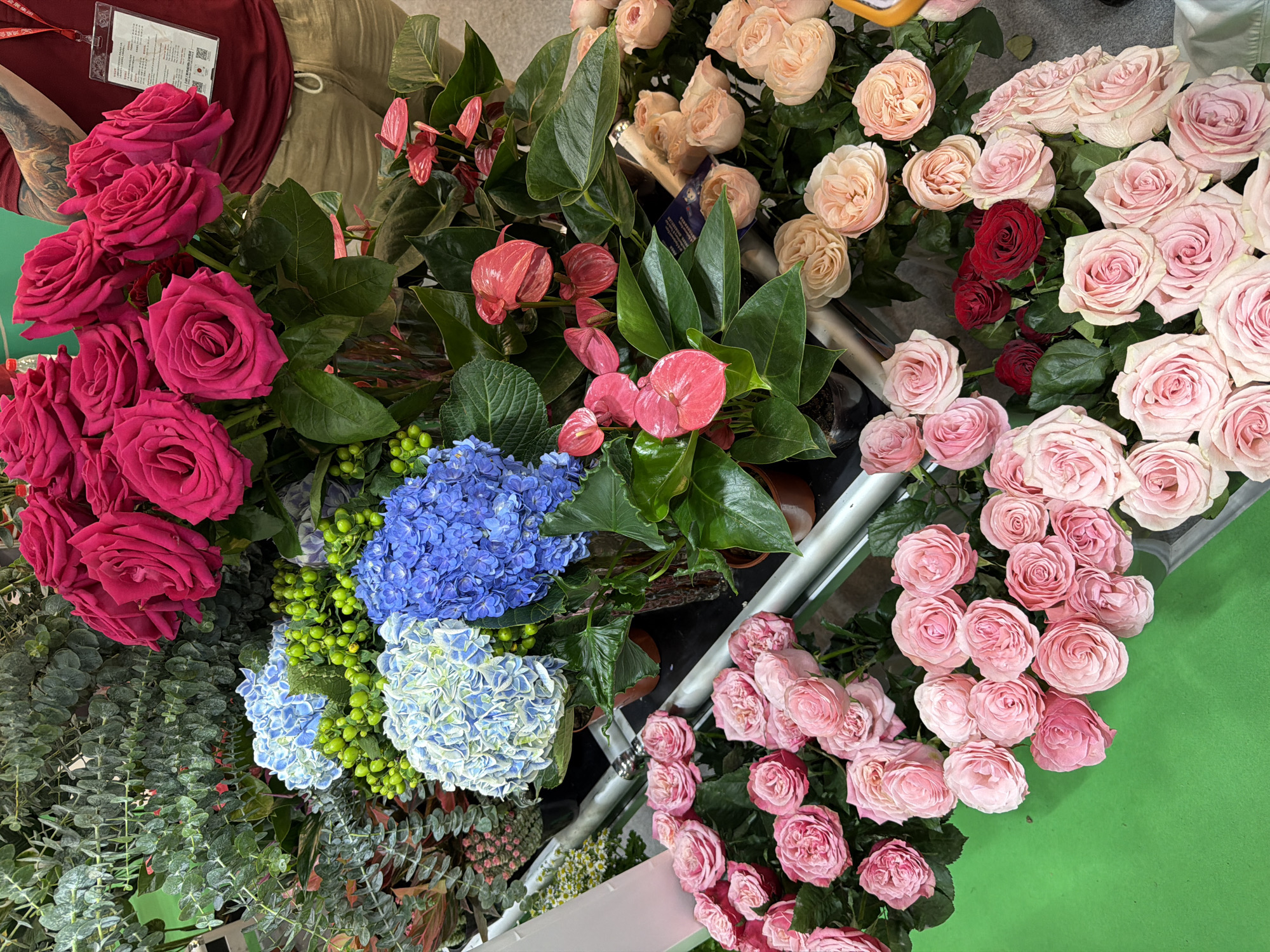The image presents a high-angle view of several bouquets of flowers arranged closely together. The dominant floral types include roses in various colors such as bright pink, pale pink, red, and peach. Additionally, blue hydrangeas and pink anthuriums are present. Some greenery, including eucalyptus leaves, provides background texture. A person is partially visible in the upper left corner, wearing a maroon shirt and tan pants, with tattooed arms. The flowers appear to be displayed on a metal shelving unit. The setting seems to be indoors, possibly at a flower shop or exhibition. There is no explicit evidence in the image to confirm the location is in Haizhu District, China.