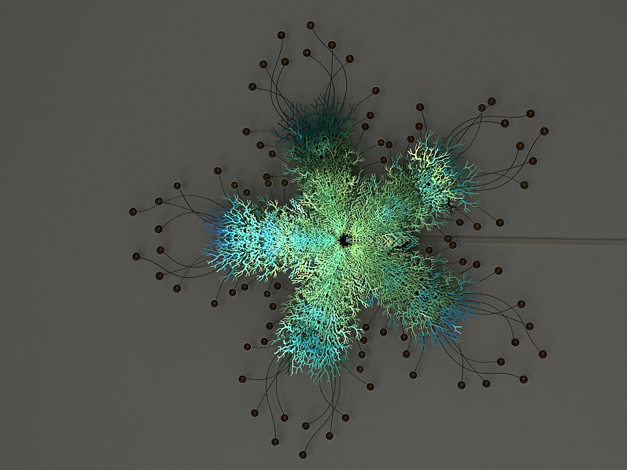 A complex, multi-armed ceiling fixture is seen against a neutral grey ceiling. The fixture has a central starburst-like structure comprised of intertwined, coral-like branches, primarily in shades of green and blue, illuminated from within. Thin metal rods extend outward from the central structure, each terminating in a small, dark-colored spherical bulb. The composition is viewed from directly below, emphasizing the symmetrical and radial arrangement of the fixture. The scene is indoors and well lit. There is no indication of location of the city of Banan, China.