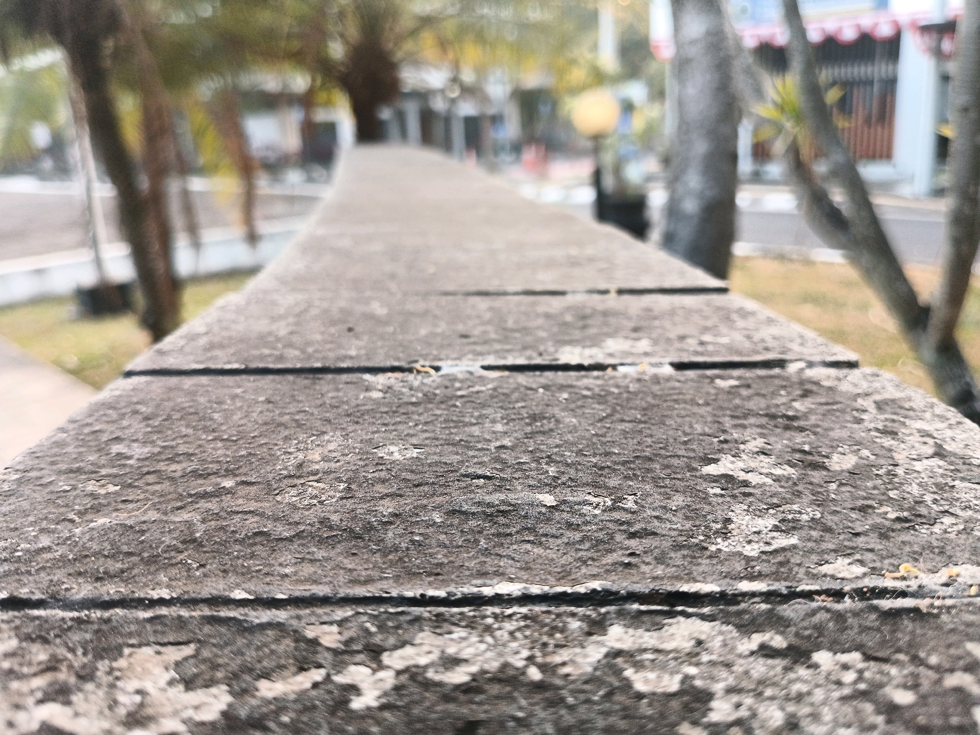 The image shows a close-up, low-angle view of a weathered concrete barrier. The barrier is segmented into rectangular blocks, with a rough, textured surface exhibiting signs of age and wear, including chipped edges and patches of lighter discoloration. The foreground is dominated by this barrier, rendered in sharp focus, creating a shallow depth of field.
Beyond the barrier, the environment is softly blurred, suggesting trees and possibly buildings. The background hints at an outdoor setting, with indications of green foliage and what appear to be structures that could be part of a park, street, or public area. The lighting suggests an overcast or diffused daylight condition. There are no people or specific identifying landmarks visible in the image.
The question asks to include the location in the city of Bandung City, Indonesia. However, without any visual cues like signage, unique architecture, or geographically distinctive features, it is impossible to determine the specific location within Bandung City, Indonesia, or any other city, based solely on the provided image.