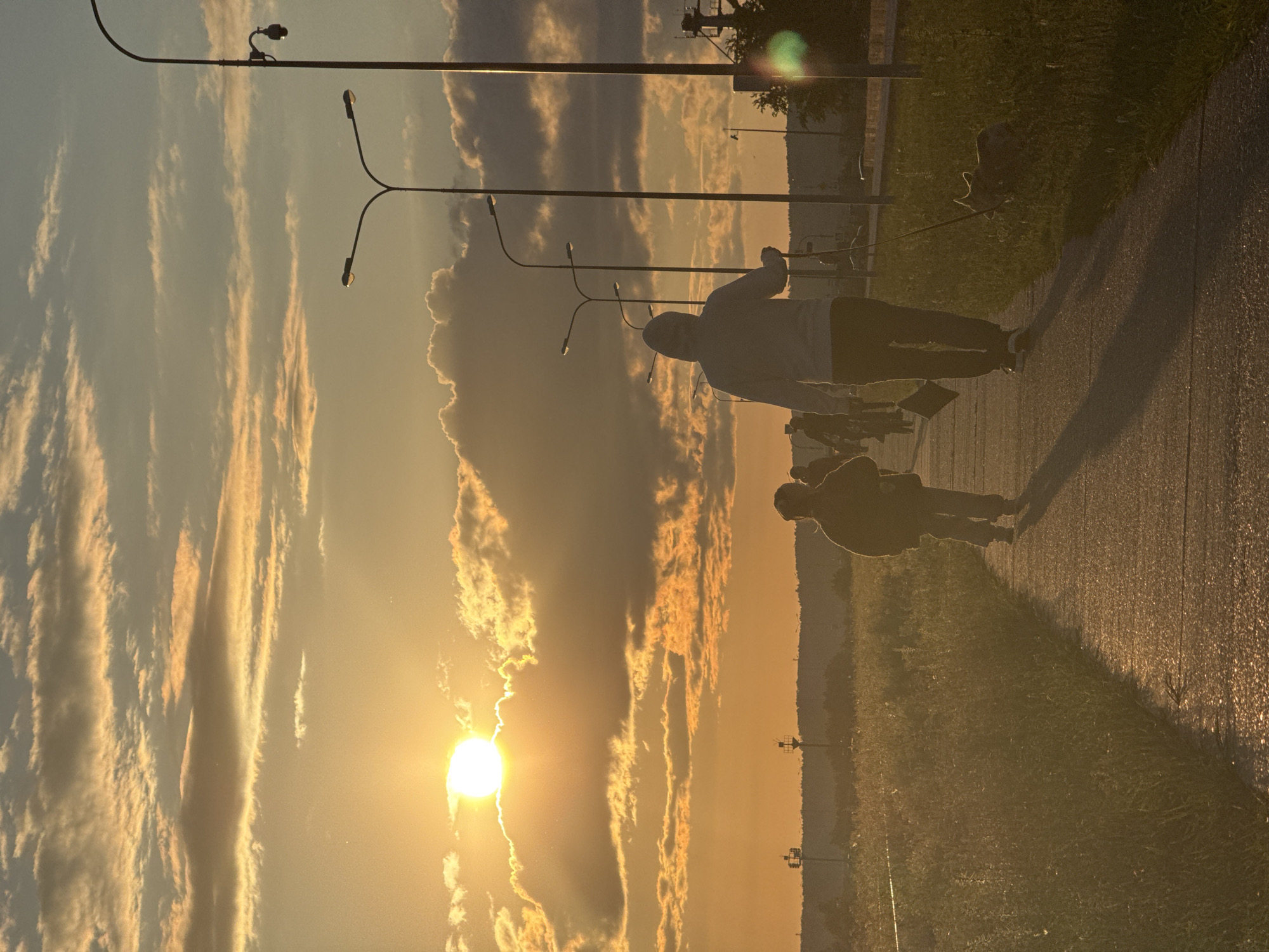 The image depicts a sunset scene on a paved walkway in Chaikovsky, Russia, likely near a park or along a road. The sky is filled with dramatic clouds, illuminated by the setting sun which casts a warm, golden light across the landscape. On the walkway, a person wearing a hooded jacket walks with a child in front of them, both facing away from the camera. The person is holding a leash attached to a small dog that is partially visible in the tall grass beside the walkway. In the background, several other figures are walking or cycling, and a series of streetlights line the side of the path. The environment appears to be a mix of grassy fields and distant trees or hills, with some industrial structures or utility poles visible in the far distance. The overall mood is peaceful and serene, characteristic of an evening stroll.