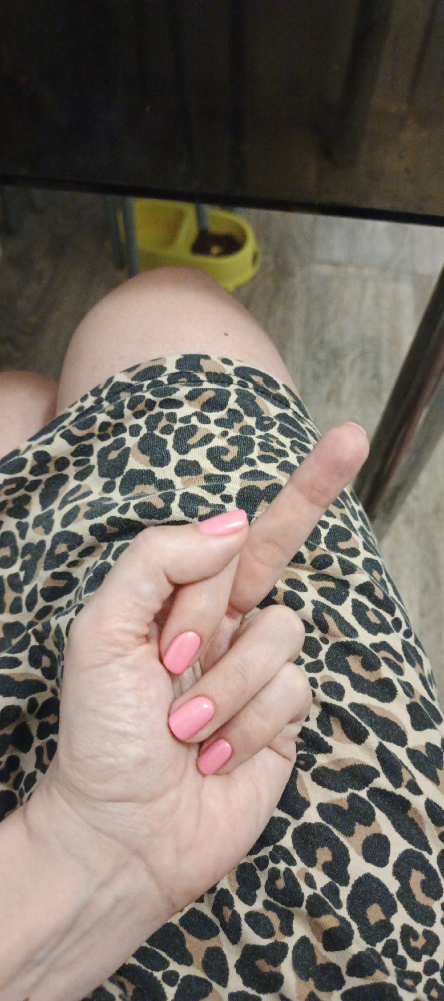 A close-up, eye-level shot captures a person's hand and upper leg indoors in Chaikovsky, Russia. The hand is adorned with bright pink nail polish on all visible fingernails, with the middle finger extended upwards in a gesture of defiance or displeasure. The person is wearing a garment, likely a skirt or shorts, featuring a prominent tan and black leopard print pattern, which covers their thigh. A portion of their bare knee is visible above the garment. In the upper background, a dark, reflective surface, possibly a table or monitor, is visible. Below this, a bright yellow pet food bowl with dark contents sits on a light-colored floor, which appears to be concrete or tiled. A metallic pole, likely a furniture leg, is visible on the right side of the frame. No text is visible.