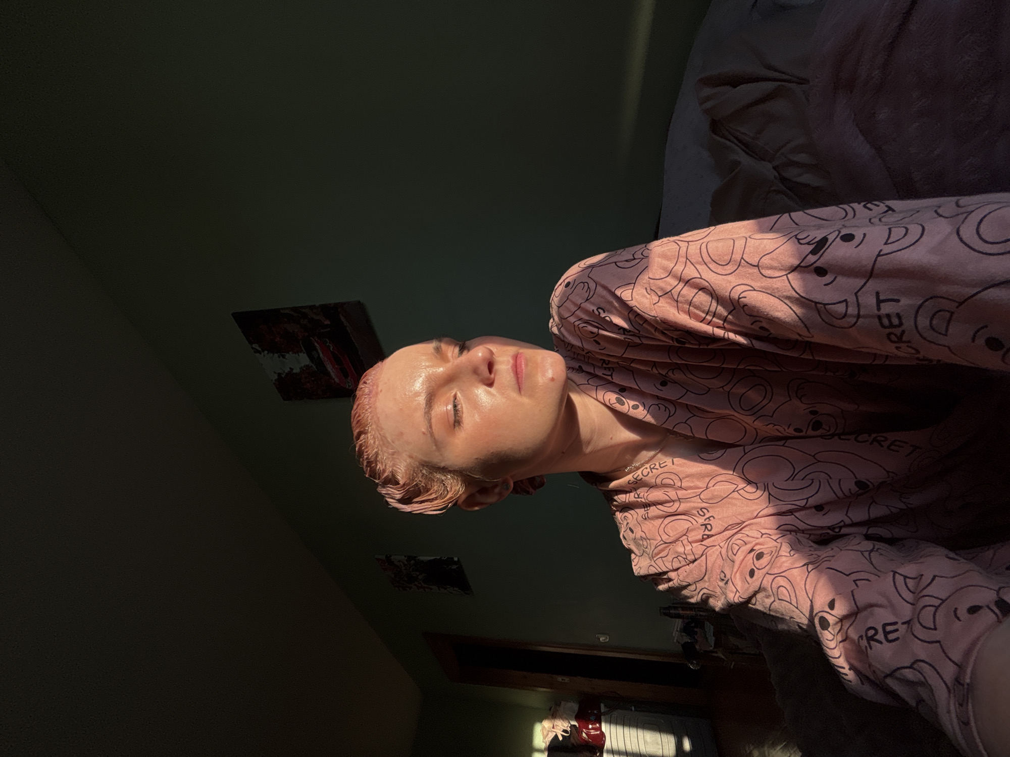 A young adult, appearing to be female, is shown lying down indoors, illuminated by a strong beam of natural sunlight. She has light pink or strawberry blonde hair, which appears slightly damp or styled. Her eyes are gently closed or partially closed, and her face, which appears dewy or moisturized, is brightly lit, conveying a sense of peace and relaxation.
She is wearing a pink, long-sleeved pajama top adorned with a repeating pattern of cartoon bears and the word "SECRET." The scene is an interior room, likely a bedroom or living area, characterized by dark green walls. Two small framed pictures or decorations are visible on the shadowed walls. A bed or sofa is partially visible in the background, and strong shadows dominate much of the room, creating a dramatic contrast with the illuminated subject.
The specific quality of the direct sunlight suggests either early morning or late afternoon. The overall mood is calm and introspective, capturing a private moment of enjoying the sun's warmth.