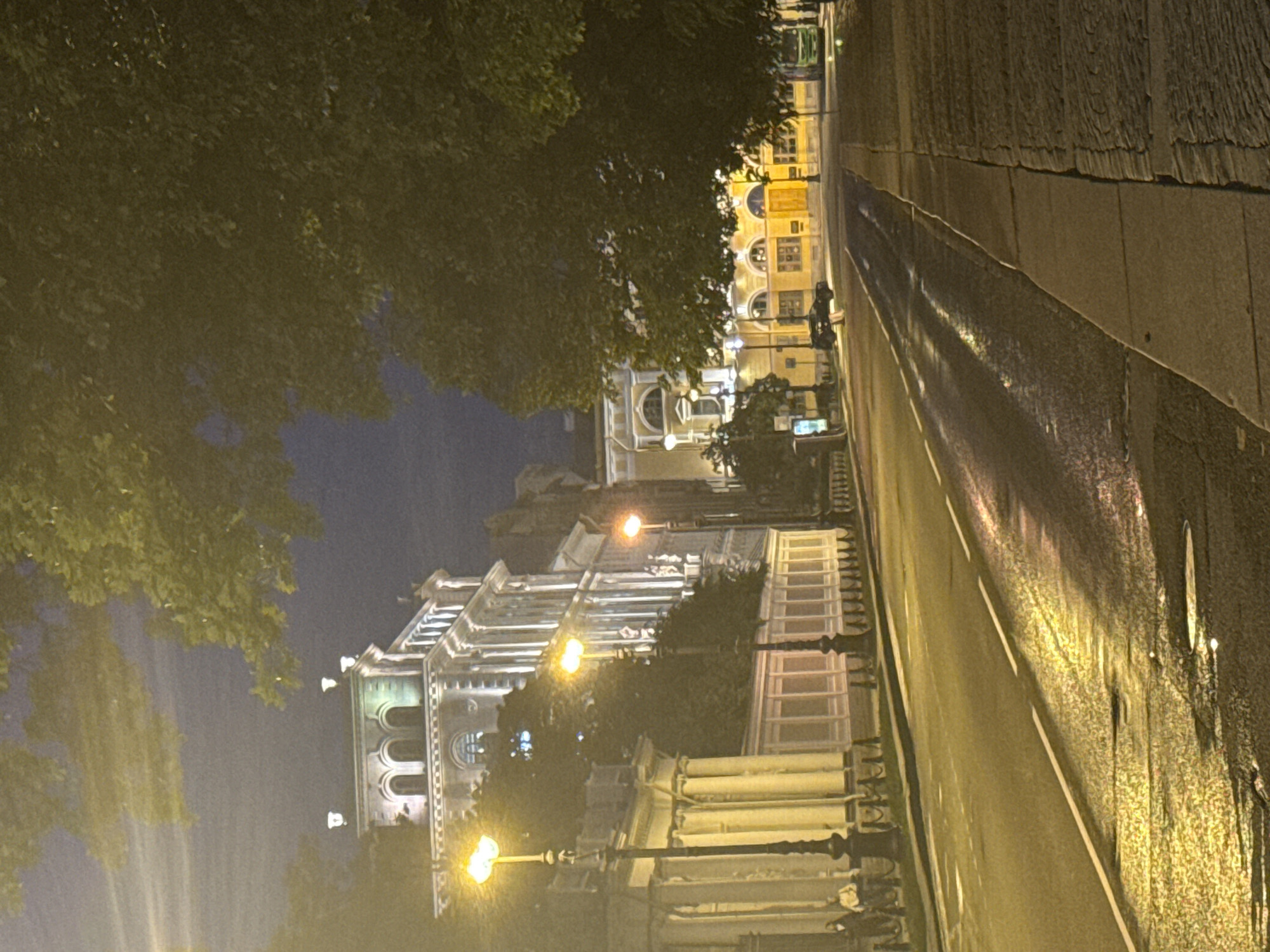 The image depicts an empty street in Saint Petersburg, Russia, at night. The street is wet, reflecting the yellow glow of streetlights. On the left side of the street, there is a grand building with illuminated windows and classical architecture, possibly a museum or a government building. A row of ornate lampposts lines the sidewalk in front of it. On the right side of the street, another building with similar architectural features is visible, also lit up. Lush green trees overhang the street from both sides, partially obscuring the sky and adding to the atmospheric night scene. A few cars are parked along the street, and a green truck is visible in the distance. There are a few pedestrians on the sidewalk in the foreground, but they are not the main focus of the image. The overall impression is one of quiet urban night, with the architecture and natural elements creating a picturesque setting.