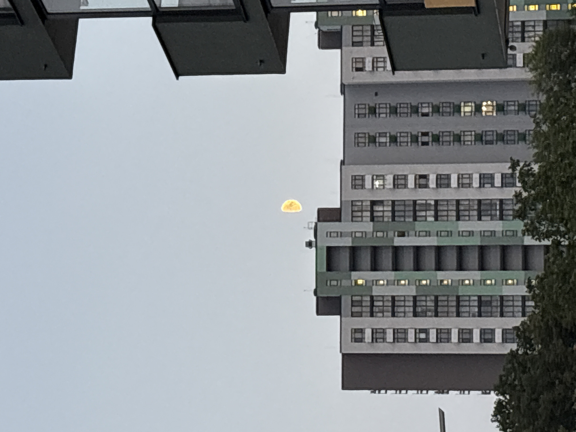 The image shows a residential building complex in Kyiv, Ukraine, with a partially visible yellow moon in the overcast sky. The buildings are tall, multi-story structures with numerous windows, some of which are lit. Trees are visible in the foreground, partially obscuring the lower levels of the buildings. The sky is a pale gray, suggesting either early morning or late evening. The overall scene depicts an urban environment during twilight hours.