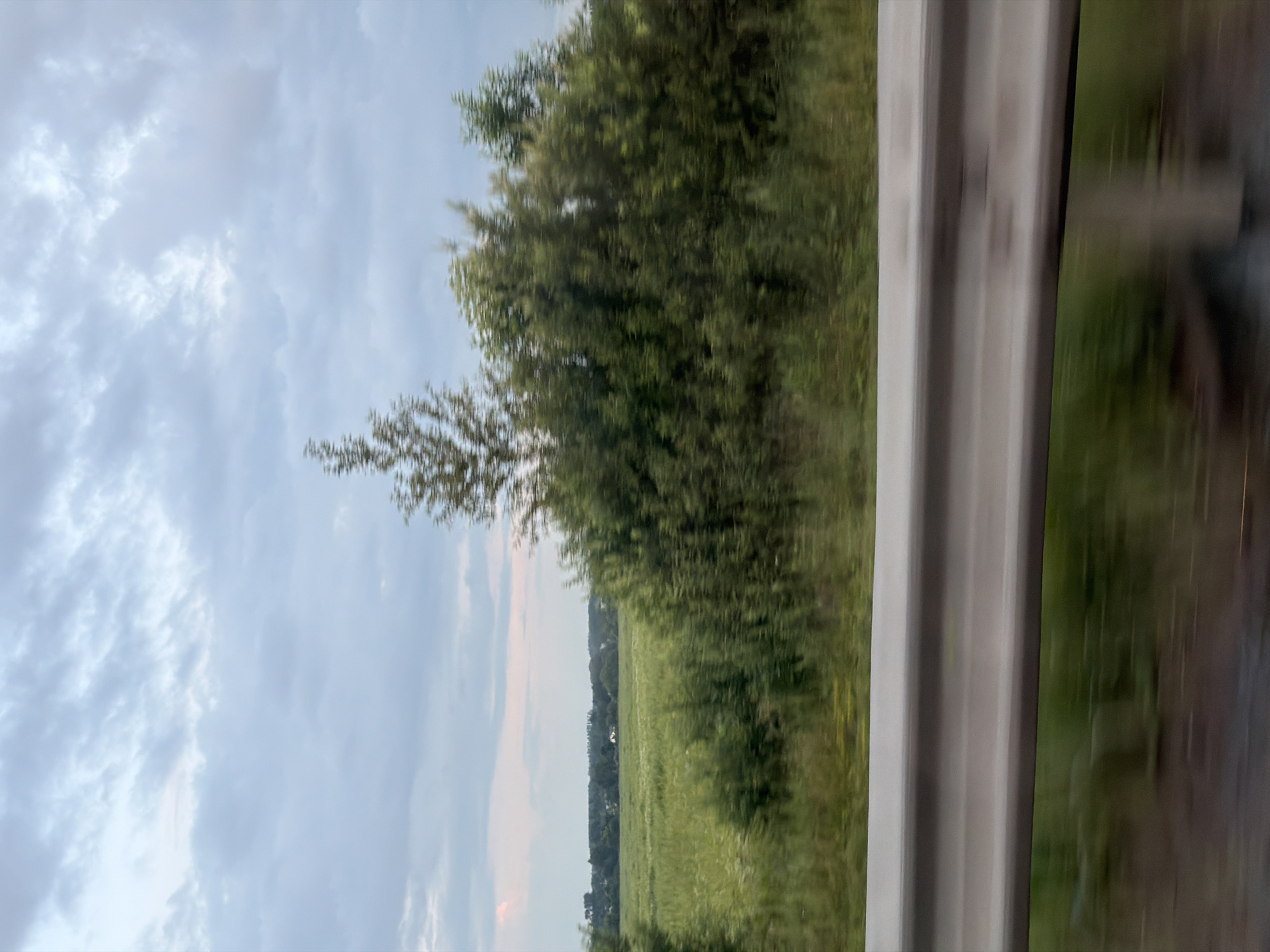 The image depicts a blurred view of a rural landscape, likely captured from a moving vehicle. In the foreground, a grey metal guardrail runs horizontally across the frame, showing motion blur. Beyond the guardrail, a field of green grass extends towards a treeline. The sky is overcast with a mix of grey and white clouds. A small cluster of buildings, possibly houses, can be seen in the distance, nestled amongst the trees. The overall impression is one of a serene, natural setting, typical of the outskirts of a town or village. The location is identified as Kondratovo, Russia.