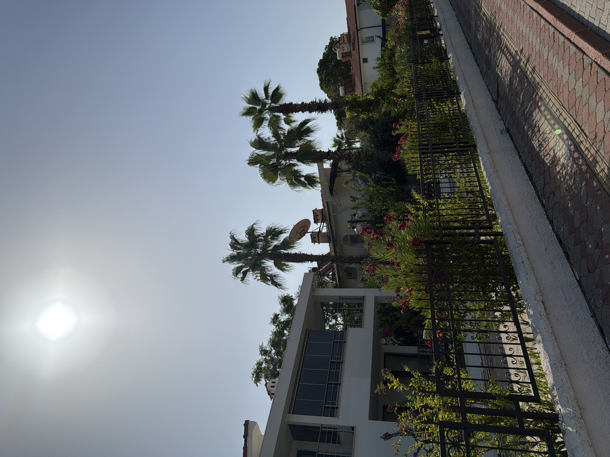 The image depicts a street scene in Kemer, Turkey, characterized by a bright, hazy sun in the upper left quadrant, casting a strong glare. The foreground features a red and brown paver sidewalk with dappled sunlight and shadows from an ornate black metal fence. Beyond the fence is a white building with a balcony enclosed by dark glass, overlooking lush green vegetation with pink and red flowers. Several palm trees are visible, interspersed with buildings featuring red tiled roofs, and satellite dishes are mounted on some rooftops. The overall impression is a sunny day in a residential or resort area.