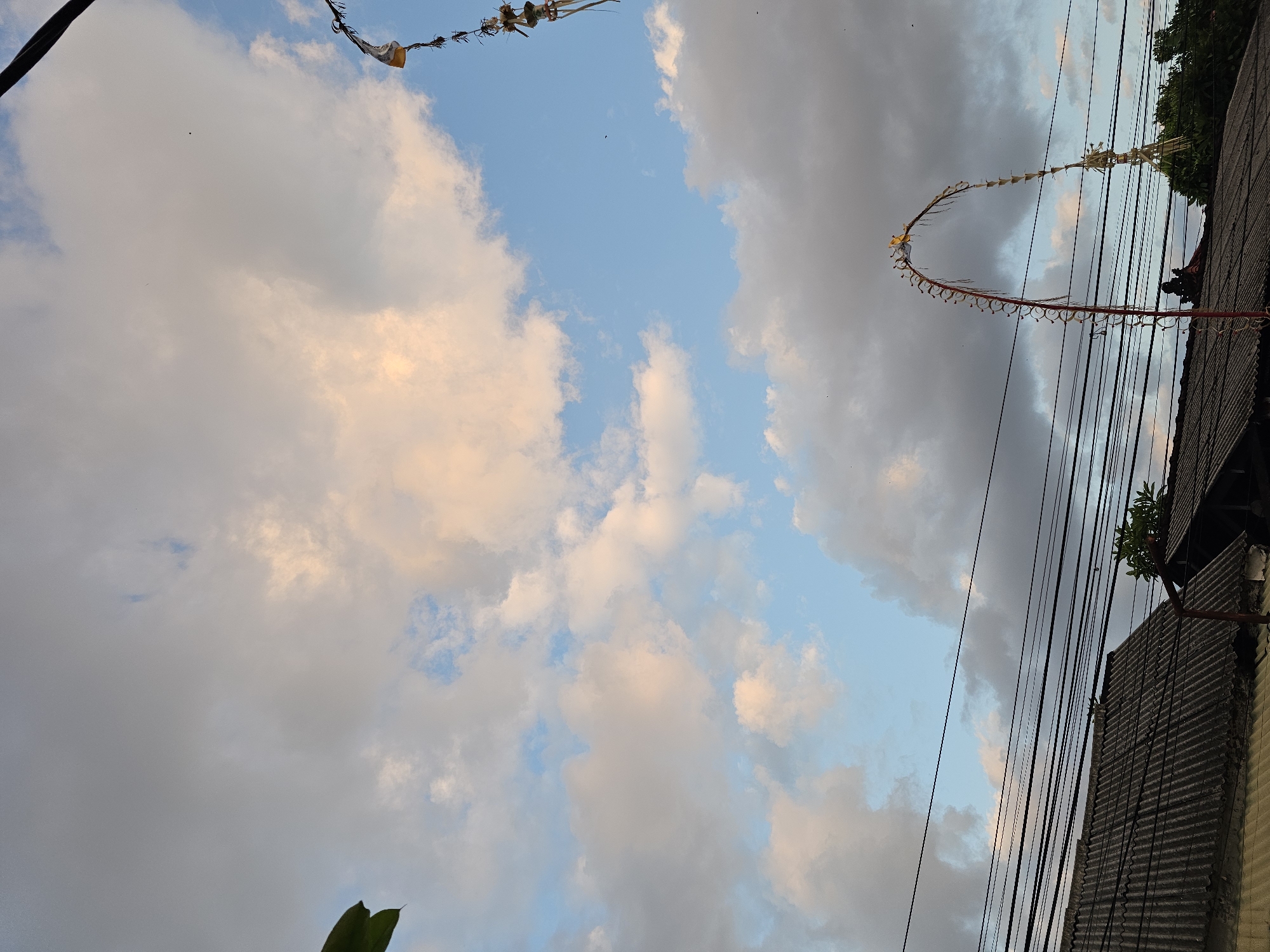The image captures a rooftop view in Denpasar, Indonesia, under a sky filled with cumulus clouds tinged with warm, pale orange hues. Several power lines stretch horizontally across the frame, interrupting the view of the sky. Below the power lines, the corrugated rooftops of several buildings are visible. In the lower right quadrant, a traditional Balinese Penjor, a long, curved bamboo pole decorated with offerings, stands tall, reaching towards the sky. The Penjor is adorned with woven palm leaves, flowers, and small offerings, indicative of a cultural or religious celebration. Some individuals can be seen on the rooftop near the base of the Penjor. A single green leaf is partially visible in the upper left corner, suggesting the presence of nearby vegetation. The overall atmosphere appears to be twilight or early morning, given the soft lighting and cloud coloration.