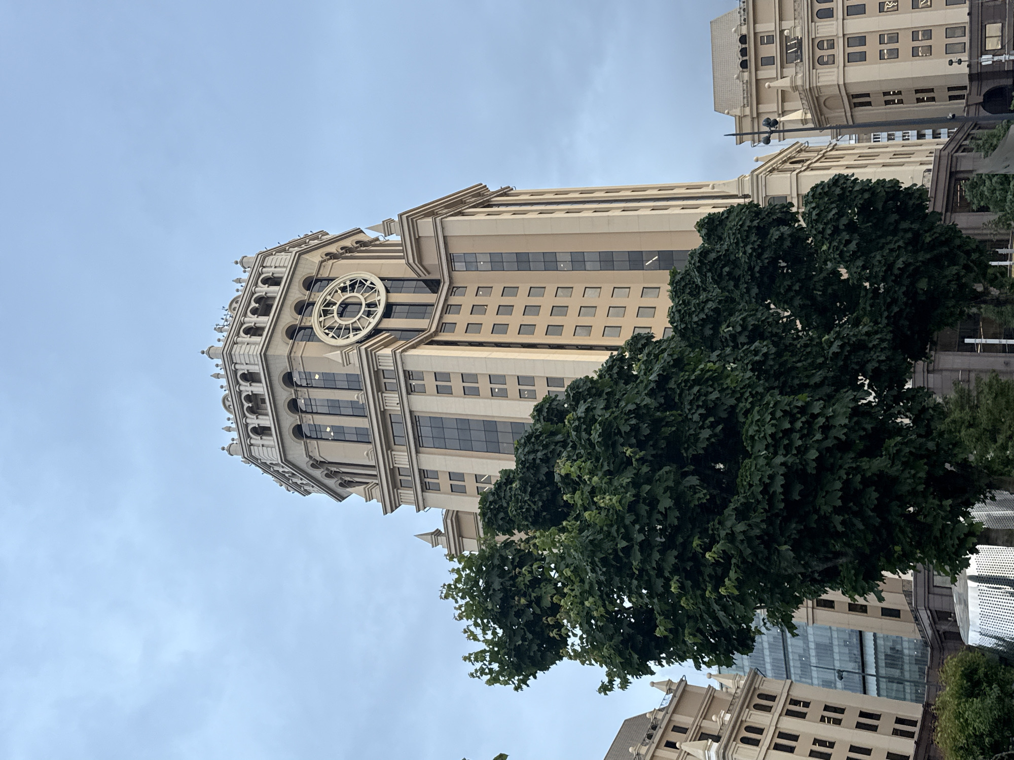 The image shows a tall, beige building with a prominent circular architectural feature near the top, partially obscured by a large, dense tree. The building has a classic architectural style with multiple windows and decorative elements. Other buildings are visible in the background, along with the sky. This is a view of the Moscow International Business Center ("Moscow City"), Russia, specifically, the building is the Naberezhnaya Tower. The photo is taken from a low angle, looking up at the building.