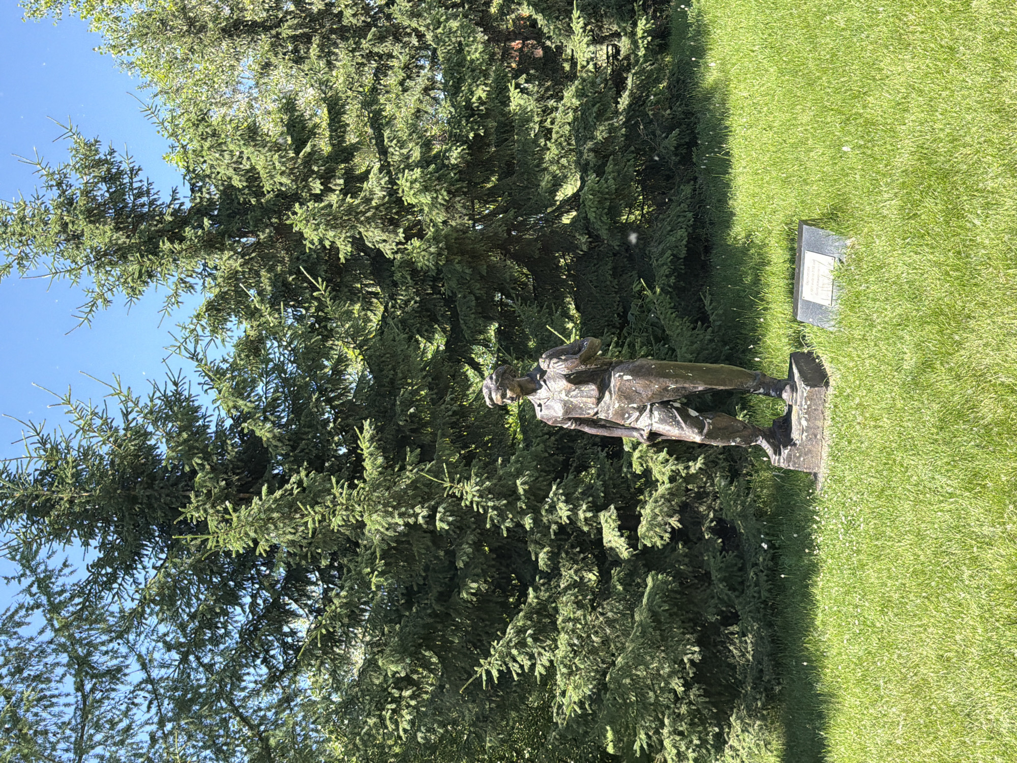 The image shows a bronze statue of a man standing in a park setting. The statue depicts a man in work clothes, with a shirt, pants, and boots. He is standing with his hands at his sides, and he appears to be looking forward. The statue is on a pedestal, which is on a grassy lawn. Behind the statue are several large evergreen trees. A small plaque is visible in the grass in front of the statue. The sky is clear and blue. This is a scene from the Krasnoyarsk city park, located in Krasnoyarsk, Russia.