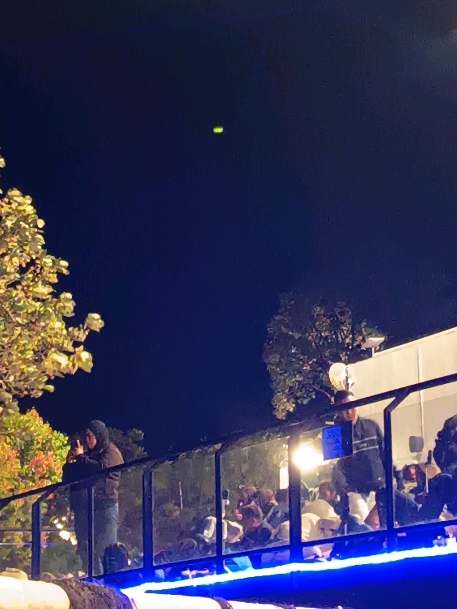 The image captures a nighttime scene where a group of people are gathered on an elevated walkway or structure. The background is a dark night sky. In the sky, there is a faint, elongated green light.
In the foreground, a person wearing a dark hooded jacket and jeans stands on the walkway, looking upwards. They appear to be holding something near their face, possibly a phone or camera. Behind this person, a dense tree with yellow and orange leaves is visible on the left.
Further to the right, more people are visible on the same elevated structure, some appearing to be looking in the same direction as the first person. A white building with a light fixture is visible in the distance. The walkway itself is illuminated with blue lights along its edge. The overall setting suggests an outdoor public space at night. No specific details indicating the city of Keditan, Indonesia, are present in the image.