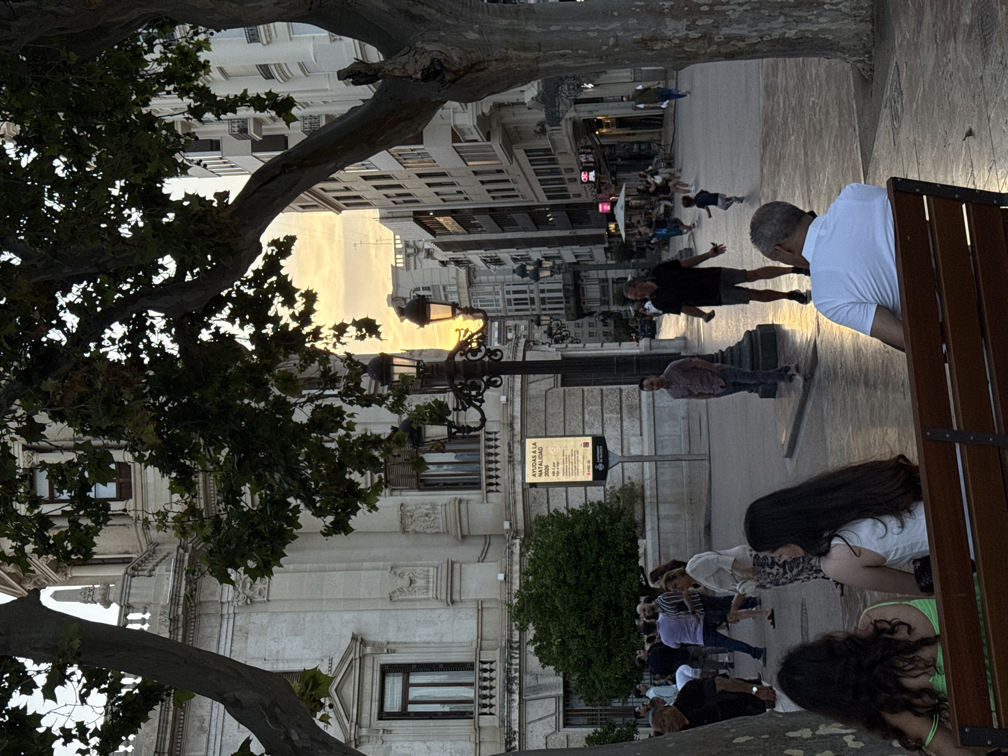 The image depicts a street scene in València, Spain. In the foreground, a bench with people sitting or leaning on it is visible. To the left, a large tree frames the view of the street. Several people are walking on the street, and some are seated at outdoor cafes or establishments in the background. A signpost with the inscription "AYUDAS A LA NATALIDAD 2026" is present. The lighting suggests it is late afternoon or early evening, with a sunset glow visible between the buildings. The architecture is predominantly European with several storied buildings.
