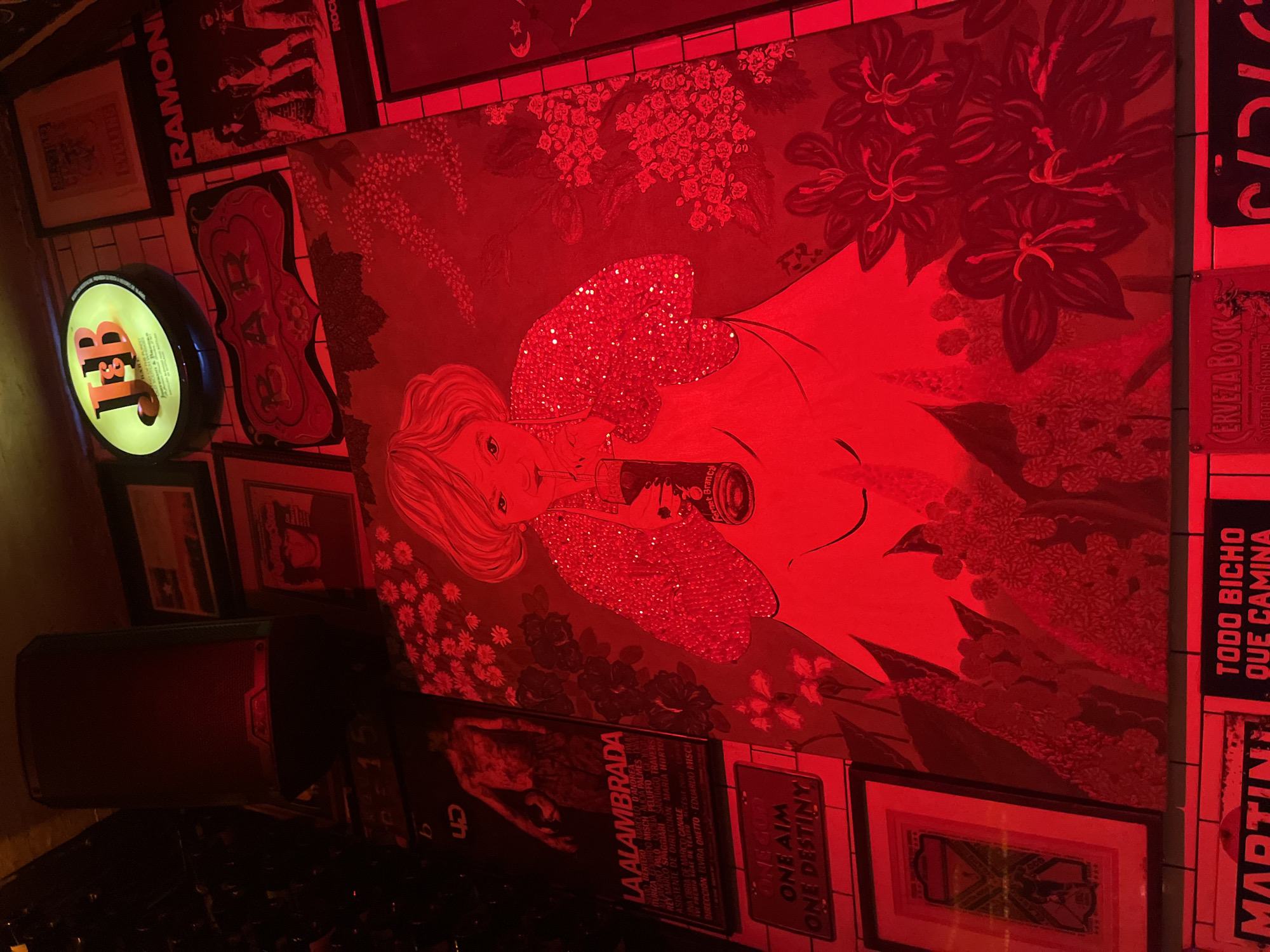 The image shows a wall in what appears to be a bar or entertainment venue, likely located in Buenos Aires, Argentina, as suggested by the Spanish language signage and the presence of brands popular in that region. The wall is adorned with various framed posters, signs, and artwork. Predominantly red lighting bathes the scene.
A prominent piece of artwork depicts a woman with blonde hair, wearing a sequined shawl, holding a bottle labeled "Fernet Branca." The background features floral patterns.
The wall also features posters with text in Spanish, including one titled "LA ALAMBRADA," which lists cast and crew credits, suggesting it is a film or theater poster. Another sign reads "ONE AIM ONE DESTINY." There are also advertisements for "CERVEZA BOCK" and "MARTINI." A lighted sign for "J&B" is also visible.