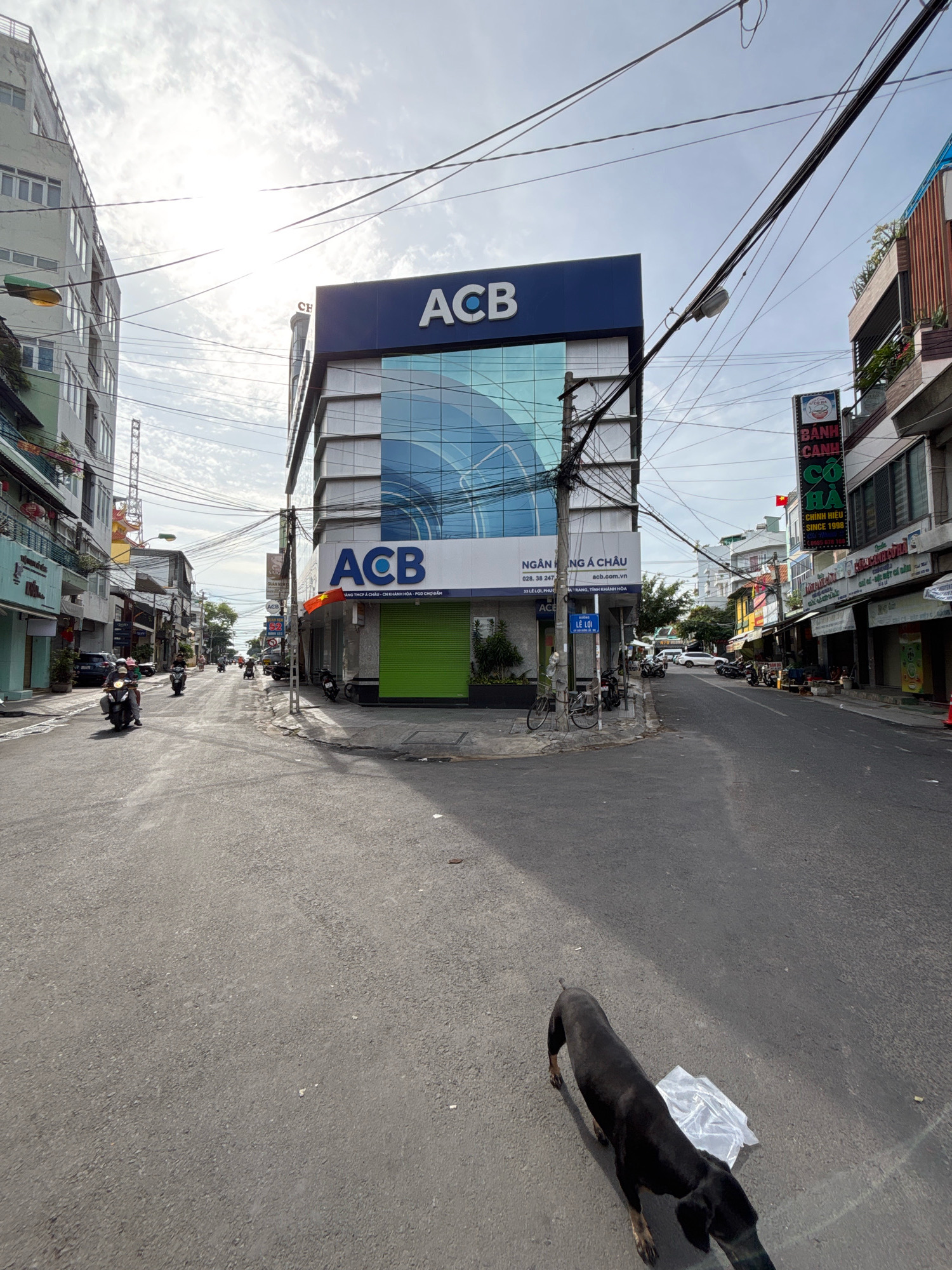 The image depicts a street scene in Nha Trang, Vietnam, featuring a prominent ACB bank building. The building's facade is a combination of glass and blue panels with the "ACB" logo clearly visible. To the right of the ACB building, a smaller sign reads "BANH CANH CO HA SINCE 1998". The street is paved with asphalt and appears to be moderately busy with several motorcycles and a few cars. The sky is bright with scattered clouds, and the sun is visible, casting shadows. In the foreground, a black dog with brown markings walks across the street, casting a shadow. A plastic bag lies on the ground near the dog. The architecture suggests an urban environment with multi-story buildings lining the street.