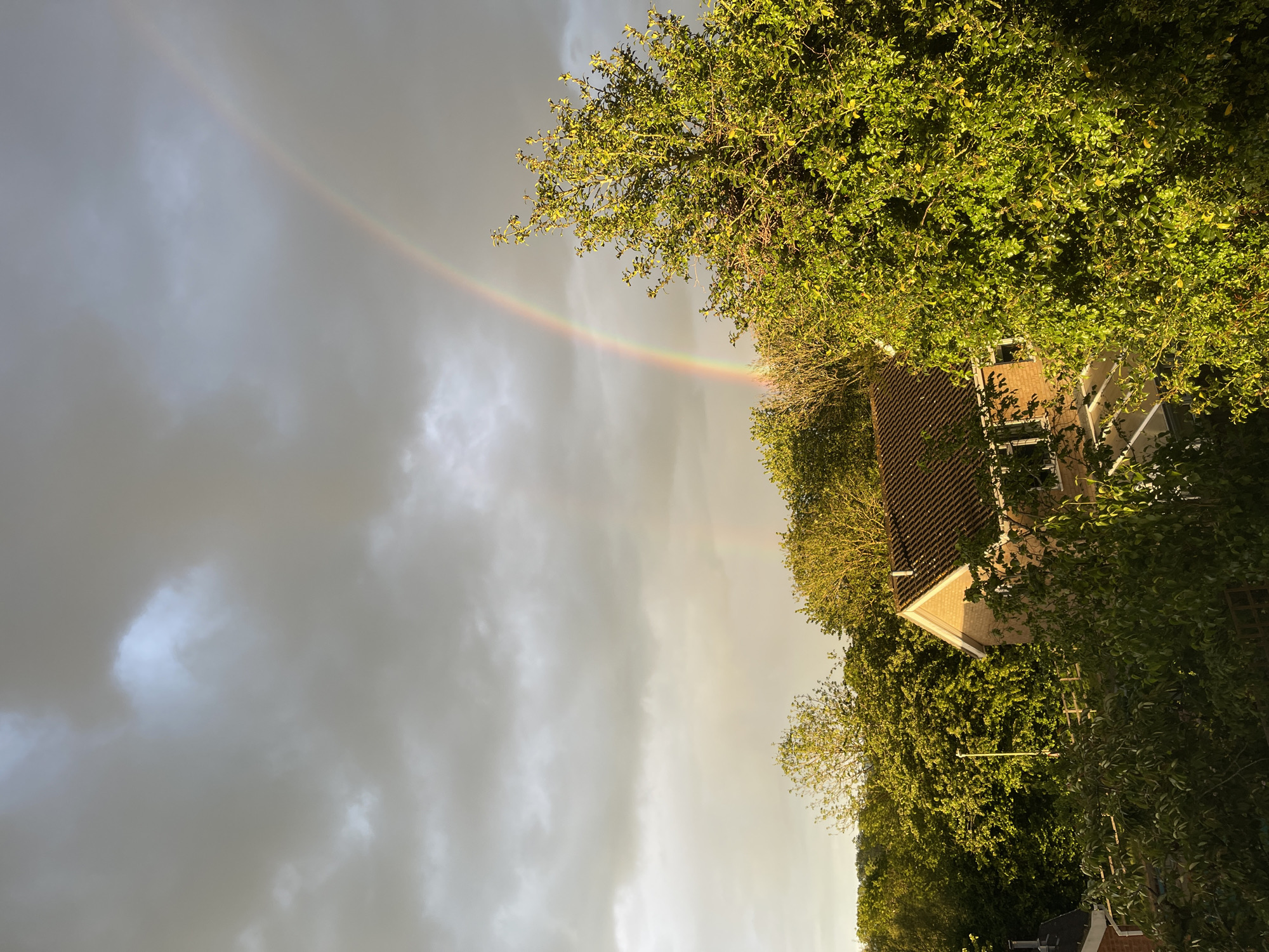 The image shows a rainbow in the sky above a residential area. Dark, cloudy skies contrast with a partially visible house nestled amongst lush green trees and bushes. The house has a brown tiled roof and light-colored walls. The trees are dense and cover much of the house. The rainbow arcs across the sky, originating from behind the house. The location is likely in Maidstone, United Kingdom, based on contextual knowledge and typical architectural styles of the region.