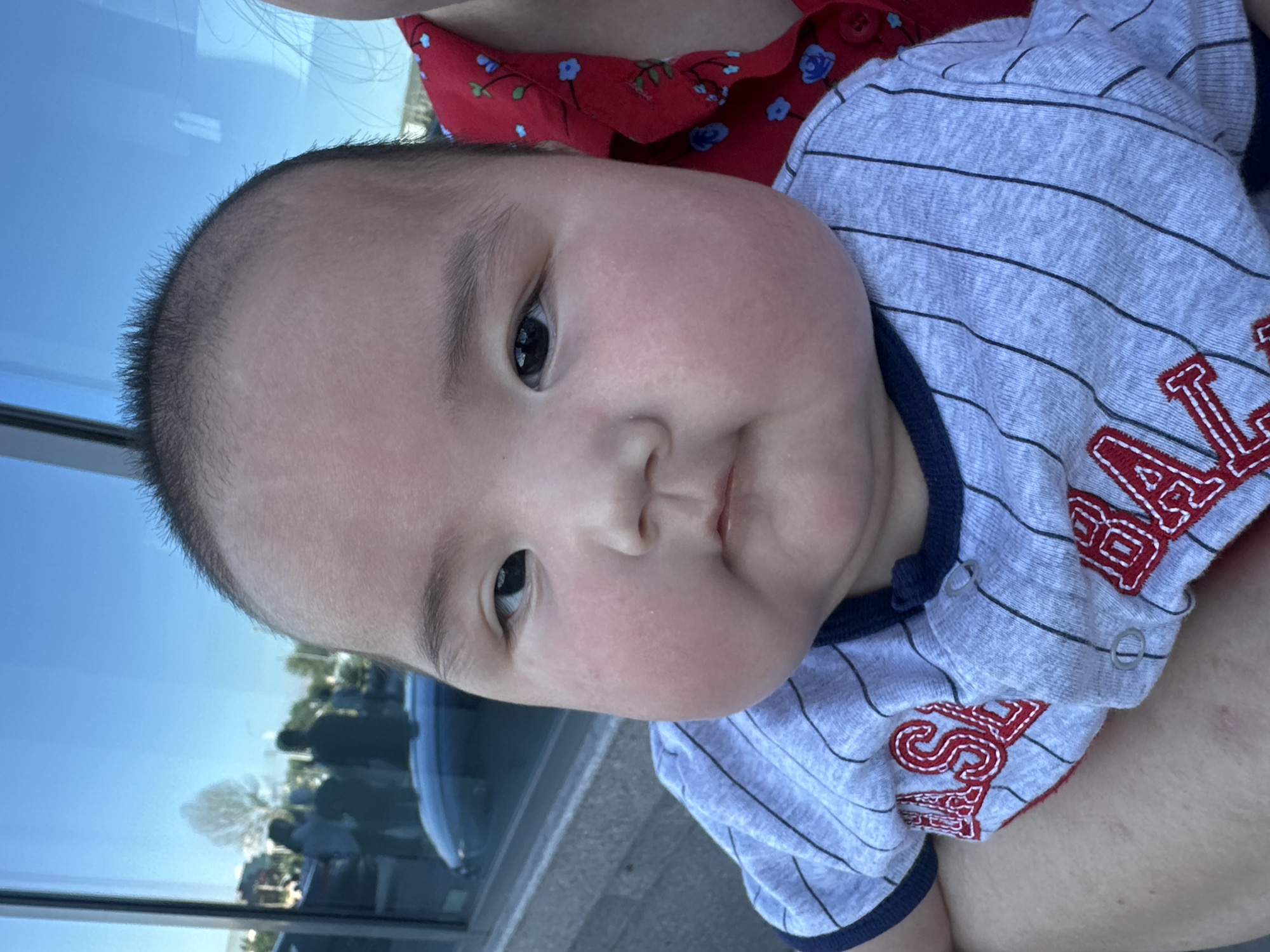 The media file is a close-up, vertically oriented photograph of a baby being held. The baby is looking towards the camera, with a neutral expression. They have a round face with rosy cheeks and dark hair. The baby is wearing a gray and white striped onesie with red embroidered lettering that appears to spell out "BOSTON" on the chest, and a red anchor design.
The background is blurred, but appears to be an outdoor setting. Reflections of trees, buildings, and a bright blue sky are visible on a surface, possibly a window or glass. The lighting suggests it is daytime, likely late afternoon or early evening, given the warm tones in the reflections.
The photograph is taken from a slightly high angle, focusing on the baby's face and upper body. The presence of a person's shoulder and part of a red shirt with a floral pattern in the upper portion of the image indicates that the baby is being held by someone. The scene appears to be casual and possibly taken in a public space given the reflections of surroundings.