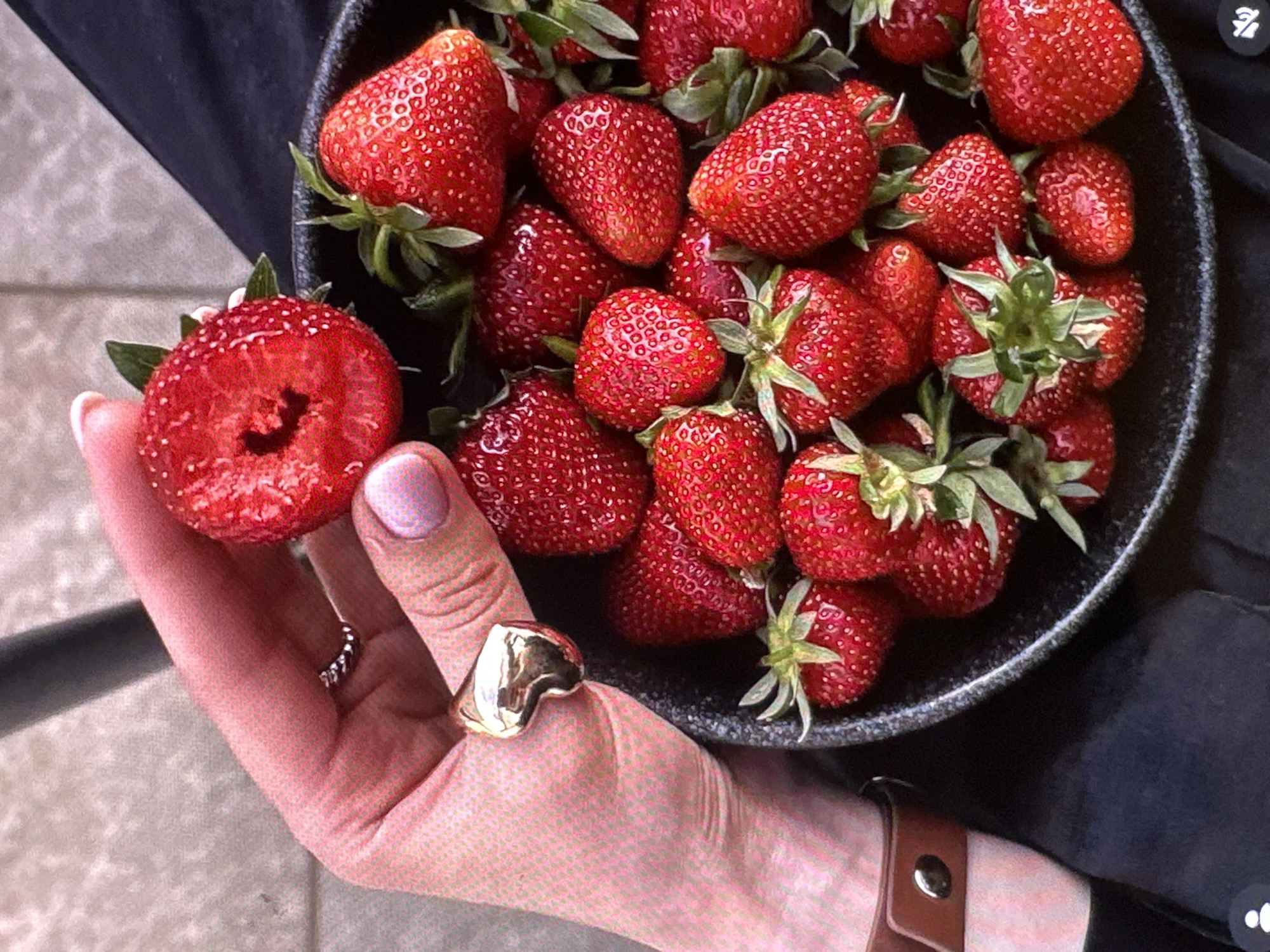 A hand holds a strawberry with a bite taken out of it in front of a bowl filled with strawberries. The hand has two rings, one silver and one gold. The person is wearing a black top and a watch with a brown strap. The floor appears to be tiled. The image does not contain information regarding Yerevan, Armenia.