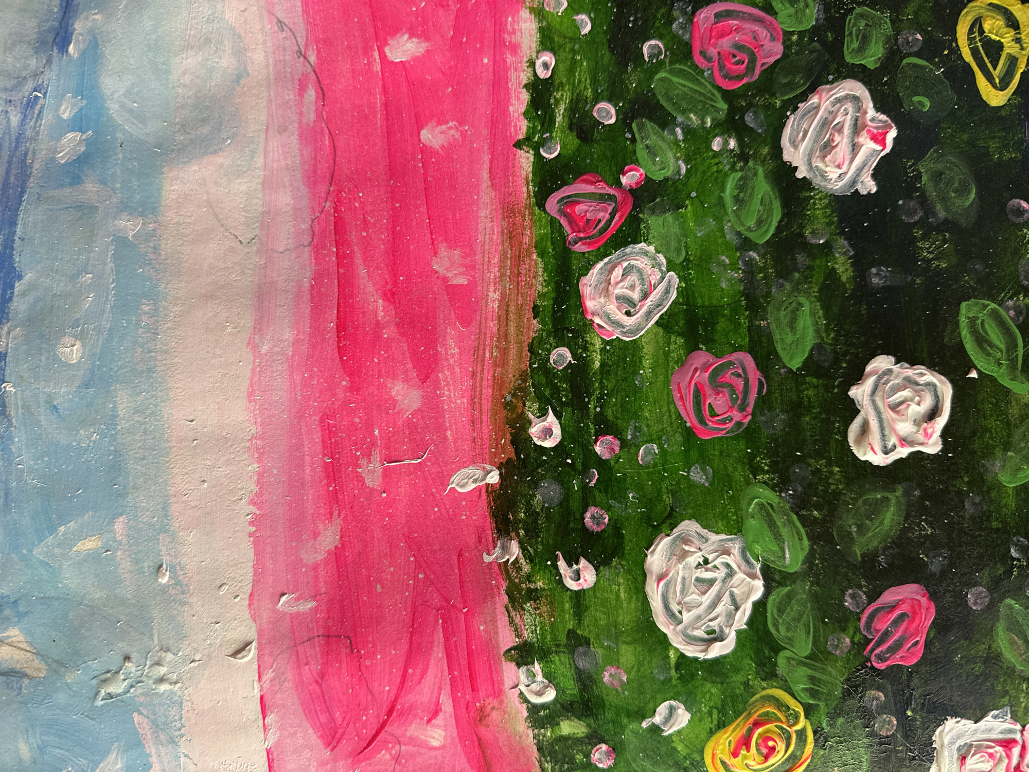 The image appears to be a close-up of an abstract painting. The left third of the painting is a vertical arrangement of blue, white, and pink paint, with visible brushstrokes. The right two-thirds of the painting depicts a floral pattern against a dark green background. The flowers are painted in various colors including white, pink, and yellow. Small green leaf-like shapes and white dots are scattered throughout the green background. There is no indication of the city of Mèo Vạc Commune, Vietnam in the image.