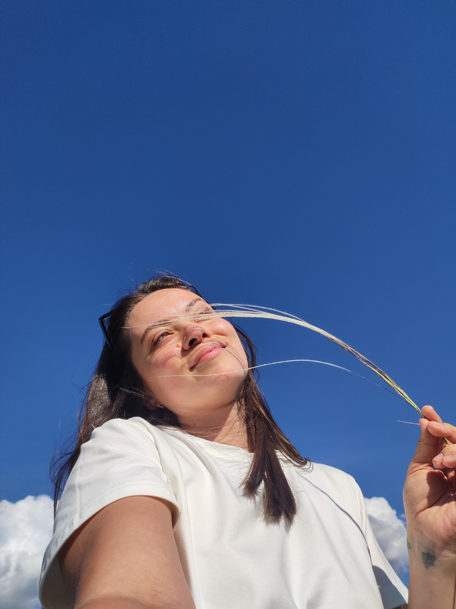 A low-angle photograph depicts a young woman outdoors under a clear blue sky. The sky occupies the majority of the frame. At the bottom left corner, a portion of a cloud is visible. The woman, positioned in the lower half of the image, is gazing upward with a slight smile. She is fair-skinned, with dark hair and is wearing a white t-shirt. She is holding a stalk of grass in her hand, with some strands blowing across her face. The setting appears to be a sunny day outdoors, but the location in the city of Chaikovsky, Russia cannot be confirmed with the information provided.