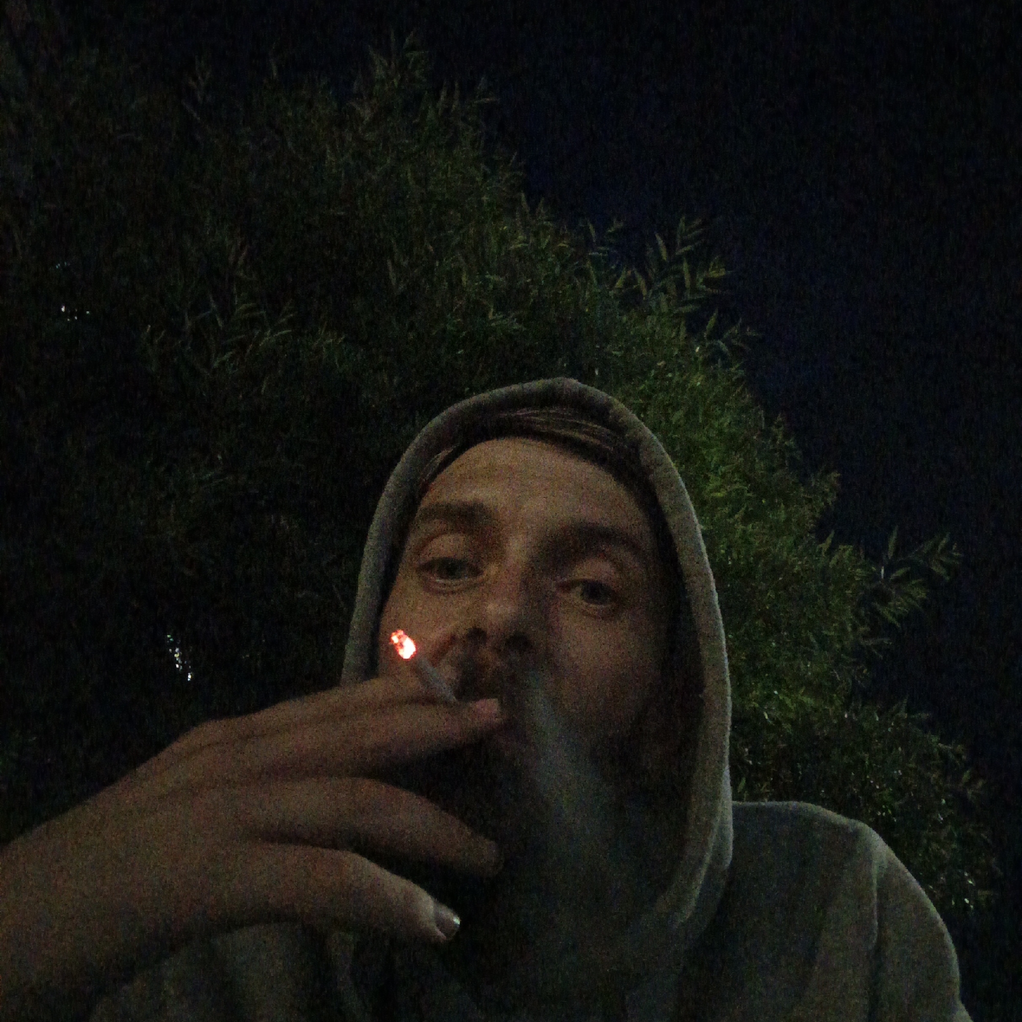 In an outdoor, nighttime setting in Марковский, Russia, a person wearing a gray hooded sweatshirt is captured in a close-up, low-angle selfie. The individual is smoking, holding a lit cigarette to their mouth, with smoke obscuring part of their face. The background is dominated by dark foliage, possibly trees or bushes, with a dark sky overhead. The lighting is dim, highlighting the glowing tip of the cigarette and the person's face, while the surroundings remain largely in shadow.