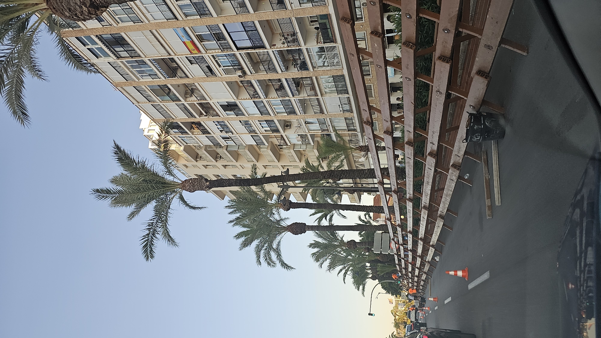 In Dénia, Spain, a street scene is depicted with a large wooden barrier erected along the right side of the road. This barrier, made of triangular wooden supports and horizontal planks, stretches into the distance, likely for construction or event management. Several palm trees are planted in a row behind the barrier, reaching towards the sky, with one particularly tall palm tree standing prominently. To the right, a multi-story apartment building with numerous balconies and windows is visible. A Spanish flag is displayed on one of the balconies. In the foreground, traffic cones are placed on the asphalt road, indicating potential lane closures or detours. A black bucket, possibly containing tools or materials, sits near the barrier. The sky is clear and blue, suggesting daytime.