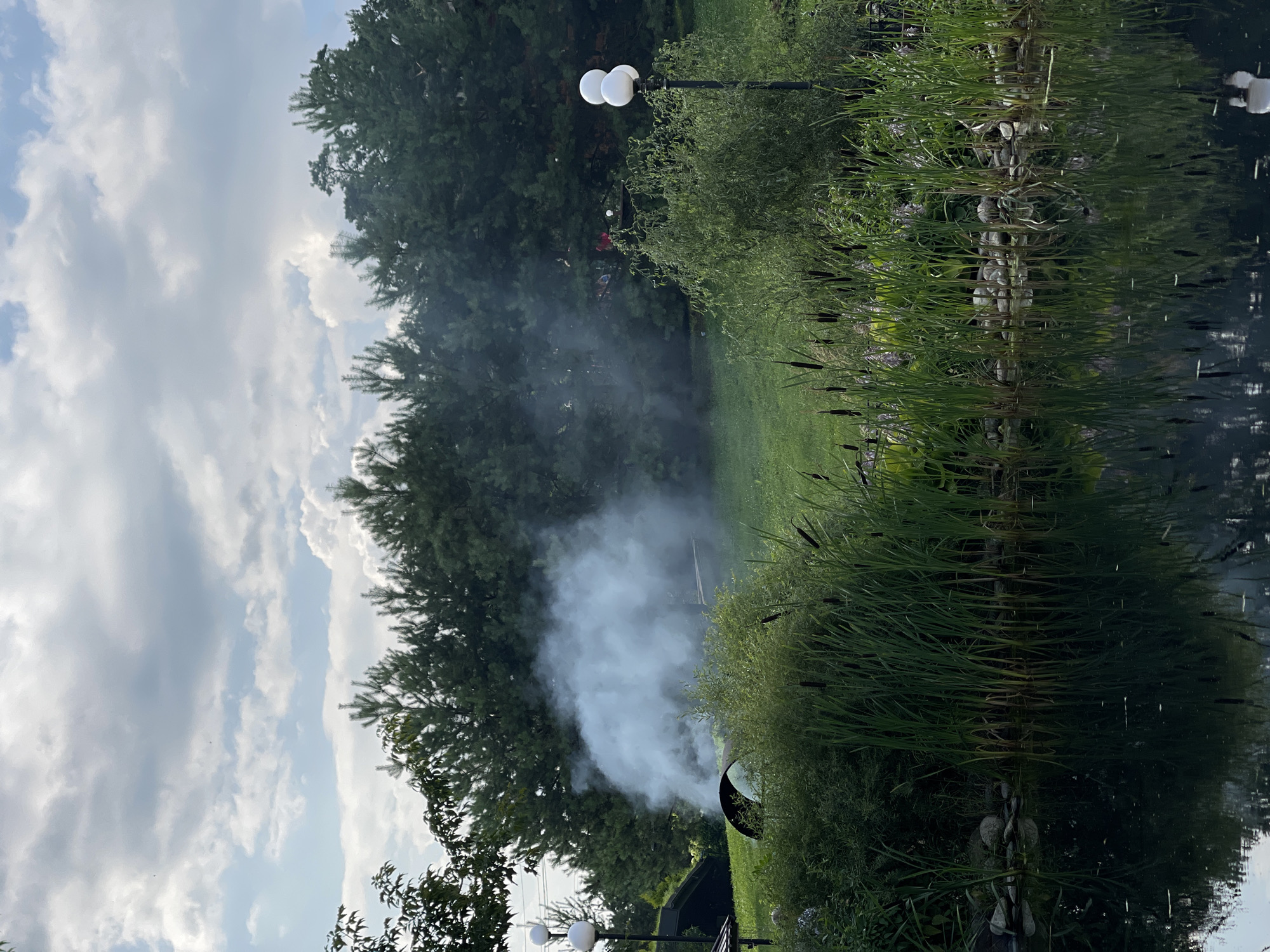 The image depicts an outdoor scene with a pond in the foreground, reflecting the surrounding vegetation and sky. Tall green reeds grow along the edge of the pond. In the mid-ground, there is a grassy lawn bordered by trees. A plume of white smoke is rising from a metal object partially obscured by foliage, suggesting a fire or smoking apparatus. A lamp post with two spherical lights is visible on the right side of the frame. The sky above is partly cloudy. The location is identified as Izhevsk, Russia.