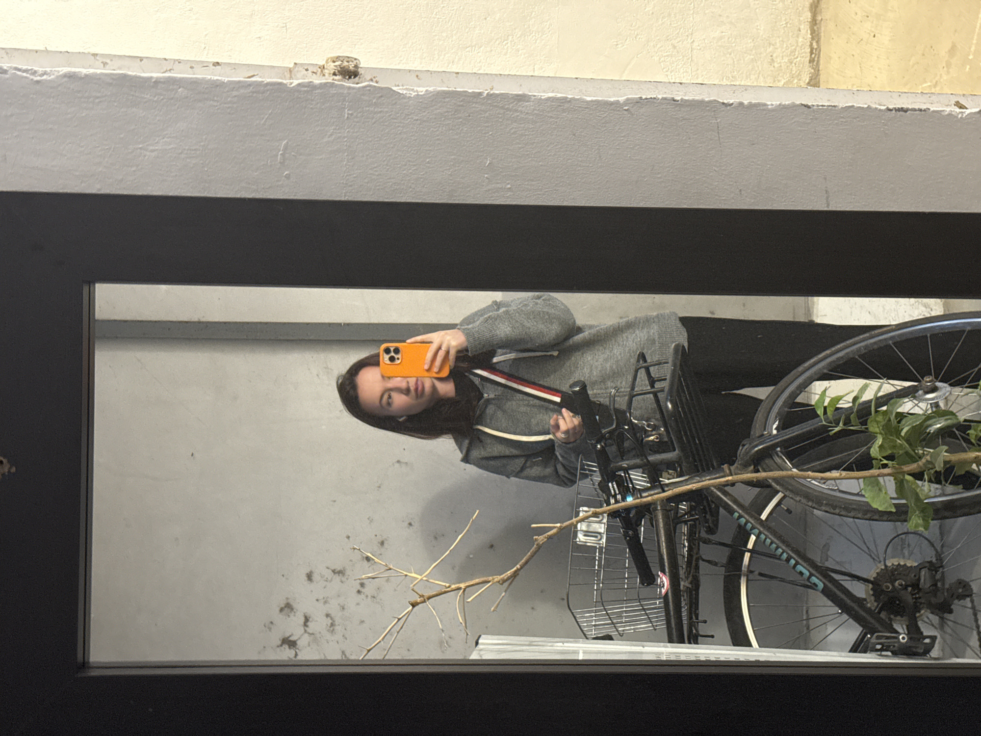 The image is a mirror reflection of a woman taking a selfie with her orange-cased phone. Behind her is a bicycle, partially visible, with a branch entwined within its frame. The background appears to be an interior wall with mottled stains. The image provides no evidence to support a specific location in Tel-Aviv, Israel.