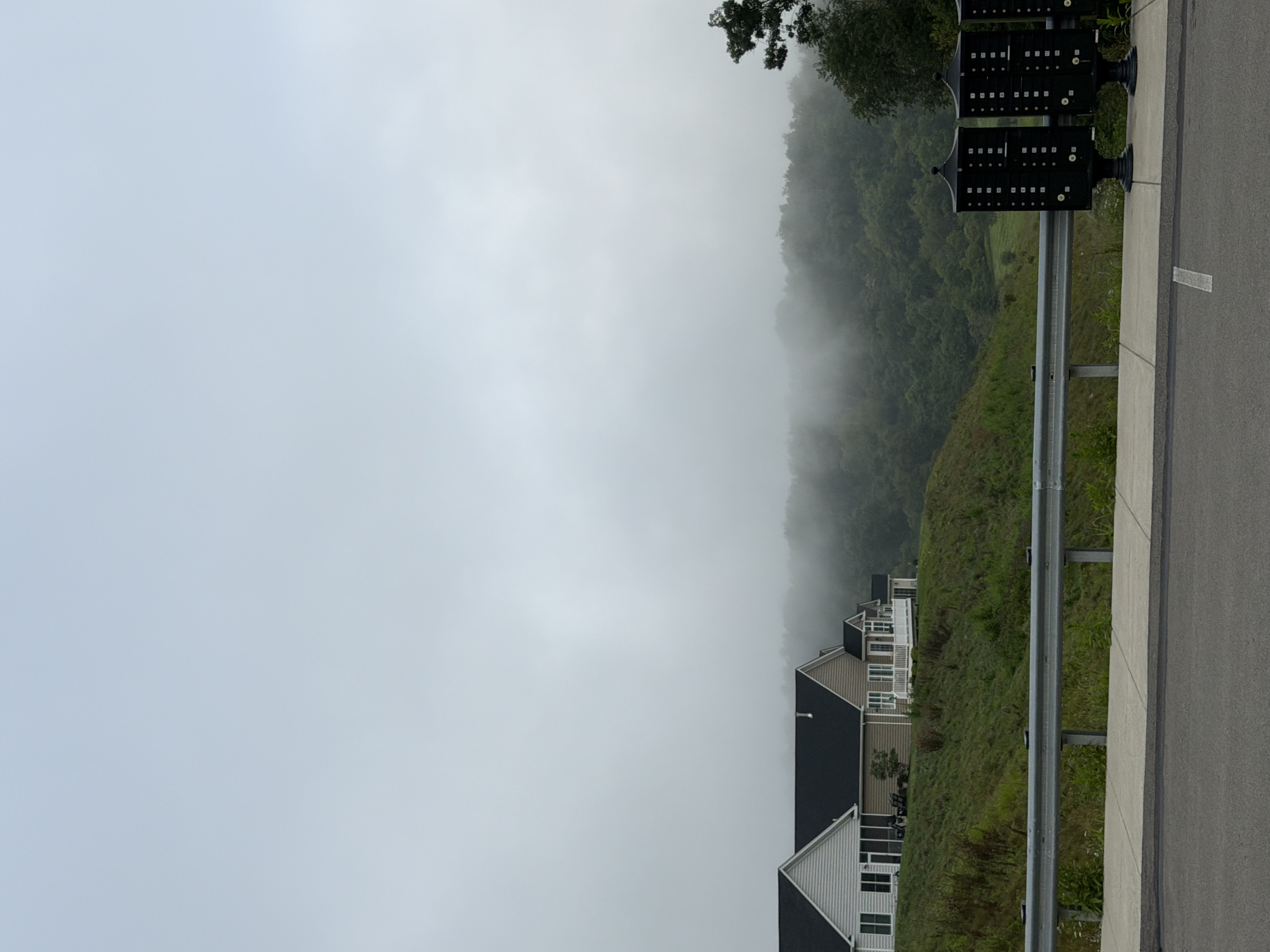 This image captures a residential scene in Richland Township, United States of America, on a heavily overcast day with thick fog obscuring the distant hills. In the foreground, a paved road leads to a sidewalk bordered by a metal guardrail. To the right of the guardrail, a row of black, multi-compartment mailboxes stands on decorative bases. Beyond the guardrail, a grassy embankment rises, topped by a row of modern houses with white siding and dark roofs. The houses are situated on a hillside with some trees and vegetation. The fog creates a soft, diffused light, lending a muted and slightly mysterious atmosphere to the landscape.