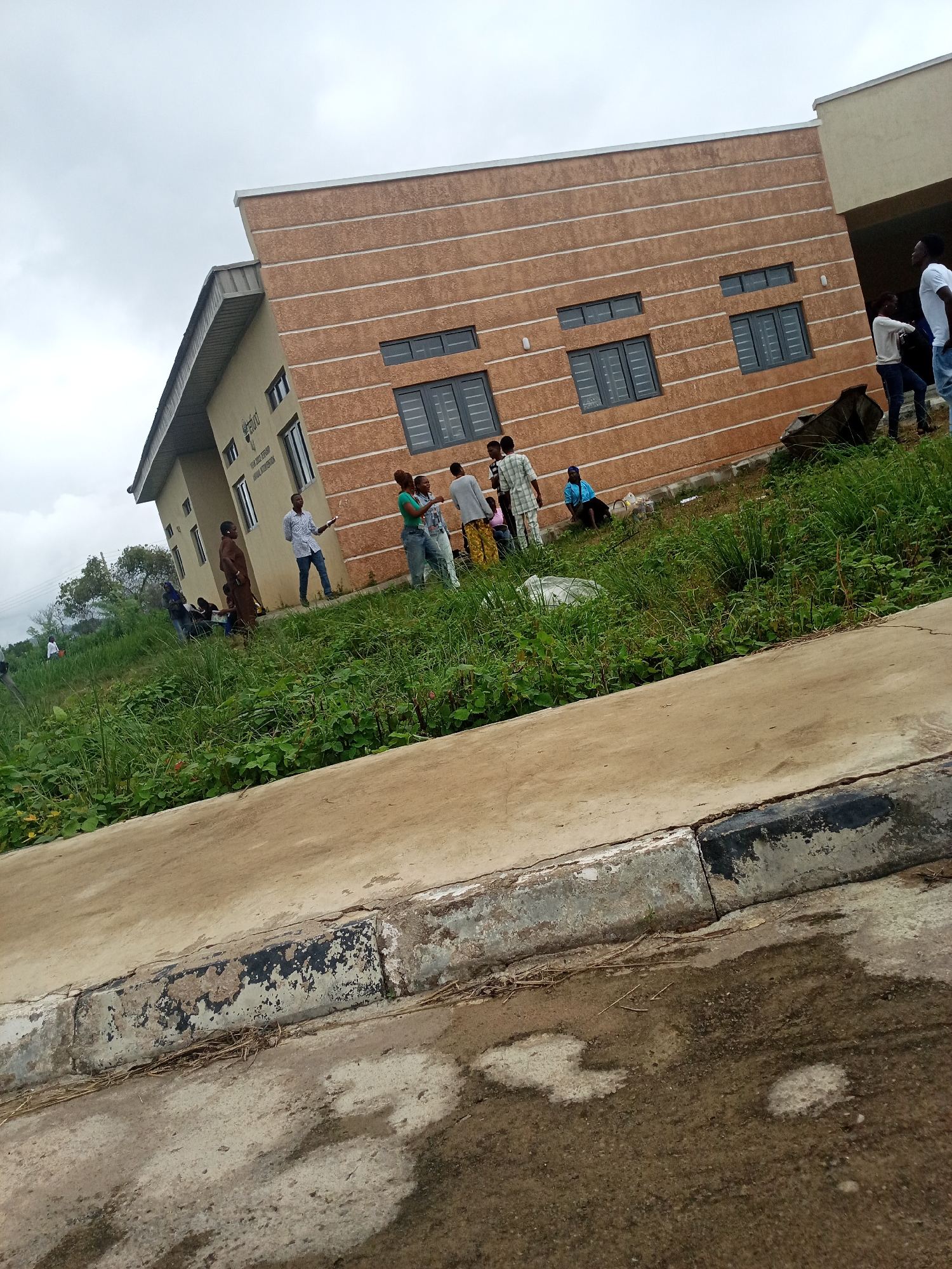 In Iseyin, Nigeria, a group of individuals are gathered outside a modern, two-story building. The building features a tan-colored facade with horizontal white stripes and dark-framed windows. To the left, a portion of a lighter-colored building is visible. The ground in front of the building is covered in green grass and foliage, with a concrete path and curb in the foreground. Some people are standing, while others are seated. One man in a patterned shirt and jeans is holding a document and appears to be speaking. Another man in a white t-shirt and jeans is standing on the right, looking upwards. A woman in a white top and jeans is also present. The sky is overcast. The scene suggests an outdoor gathering or event related to the building.