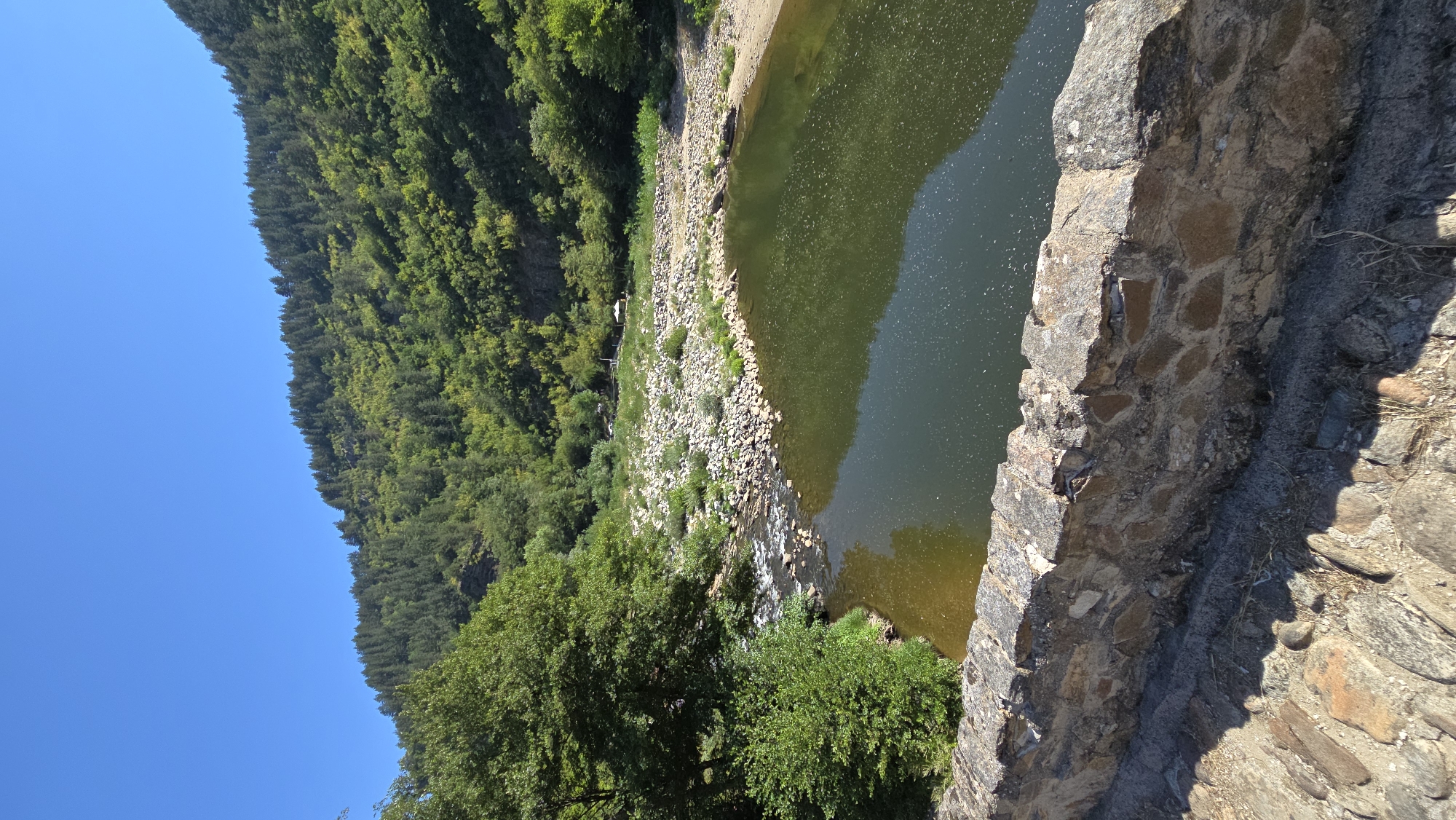 The image depicts a scenic view of the river in Diadovtsi, Bulgaria. In the foreground, a rustic stone wall with irregular, earthy-toned stones forms a border. The wall is slightly aged, with some stones appearing worn. Beyond the wall, the river flows, with a section of fast-moving water with white rapids on the left, transitioning into a calmer, darker pool of water on the right. The riverbanks are lined with an abundance of rounded, light-colored stones, interspersed with patches of green vegetation. On the far bank, a densely forested hillside rises steeply, covered in lush green trees that extend to the horizon. The sky above is a clear, vibrant blue, indicating a sunny day. The overall impression is one of natural beauty and tranquility, with the stone wall in the foreground providing a man-made element that connects to the rugged landscape.