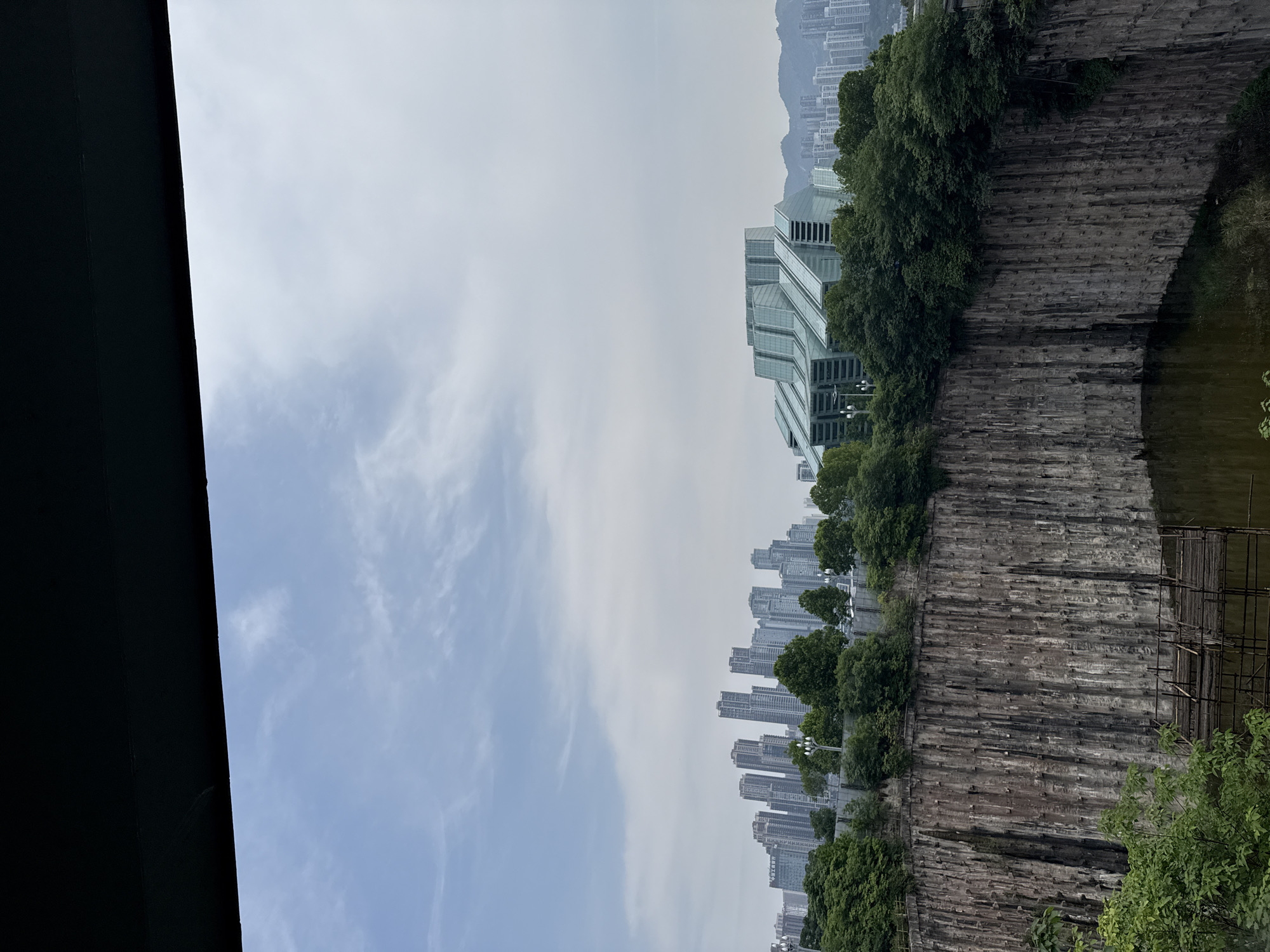 The image shows a view in Yuzhong District, Chongqing, China. The scene depicts a vertical rock face that has been reinforced with wooden beams and struts. The top of the rock face is lined with trees and bushes. Beyond the rock face, there is a body of water. The image captures a blend of natural features and urban development. In the distance, high-rise buildings can be seen under an overcast sky. A dark, undefined structure occupies the left side of the image.