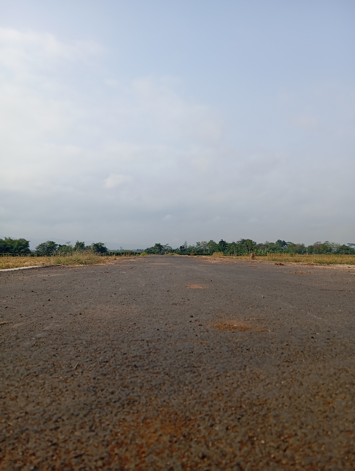The image depicts an asphalt road stretching into the distance, flanked by dry grass and vegetation on either side. In the background, a line of trees forms a distant horizon against a pale, overcast sky. The scene appears to be in a rural or semi-rural area, possibly on the outskirts of Sokaraja, Indonesia, characterized by open land and a relatively undeveloped setting. There are no people or vehicles visible in the frame, contributing to a sense of stillness and isolation. The perspective is low, emphasizing the texture and surface of the road.