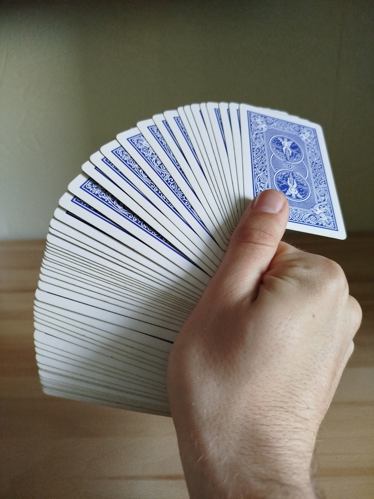 A hand holds a fanned deck of blue-backed playing cards. The setting does not appear to be in Varna, Bulgaria, as the environment suggests an indoor scene with a neutral-toned wall and a wooden surface.