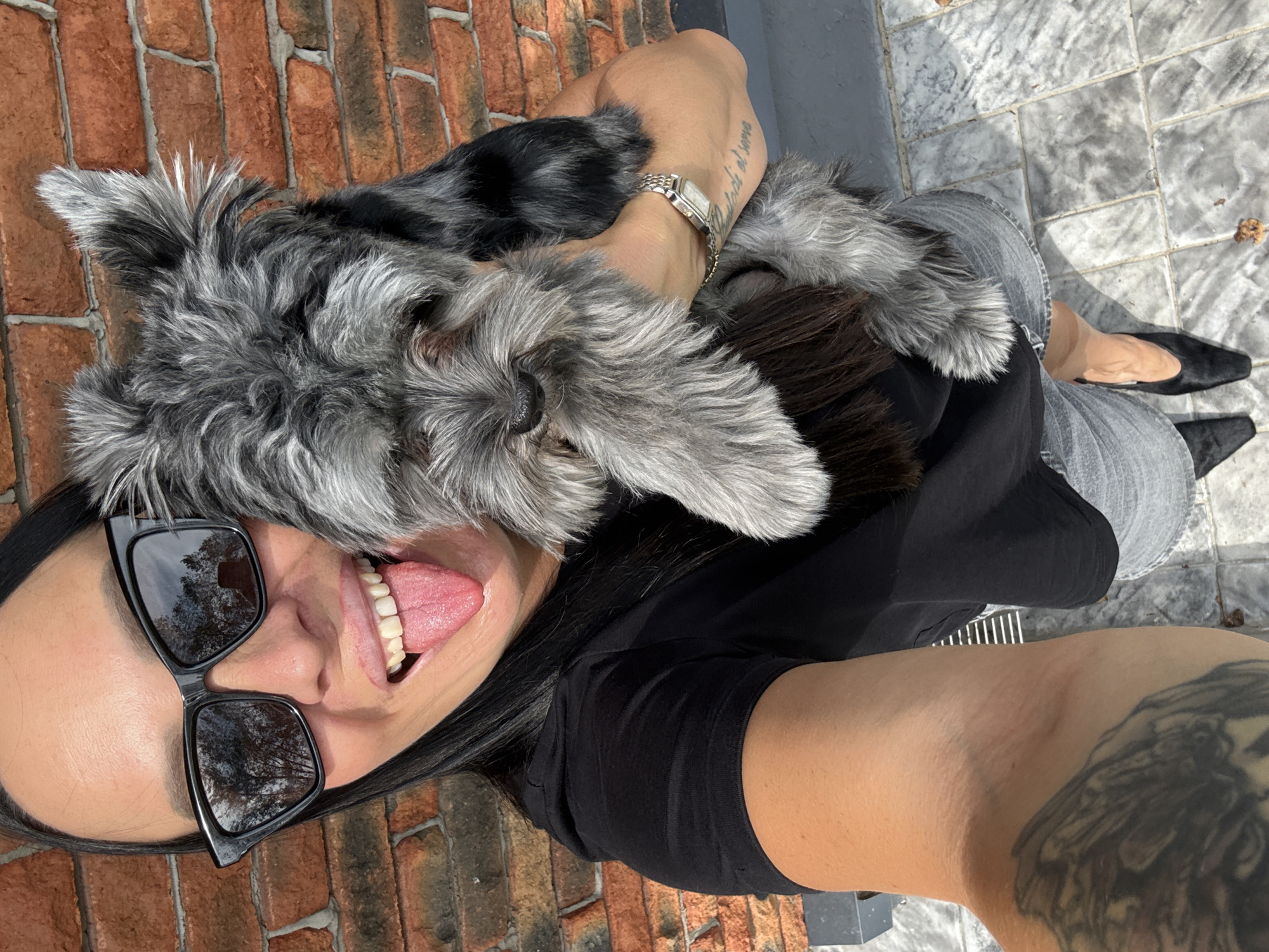 A woman is holding a small dog and taking a selfie outdoors in front of a brick wall. The woman has dark hair, is wearing sunglasses, a black t-shirt, and grey denim shorts. She is sticking her tongue out. The dog is grey and fluffy. The ground is paved with grey tiles. The image shows a sunny day. The scene appears to be in the city of Chaikovsky, Russia.