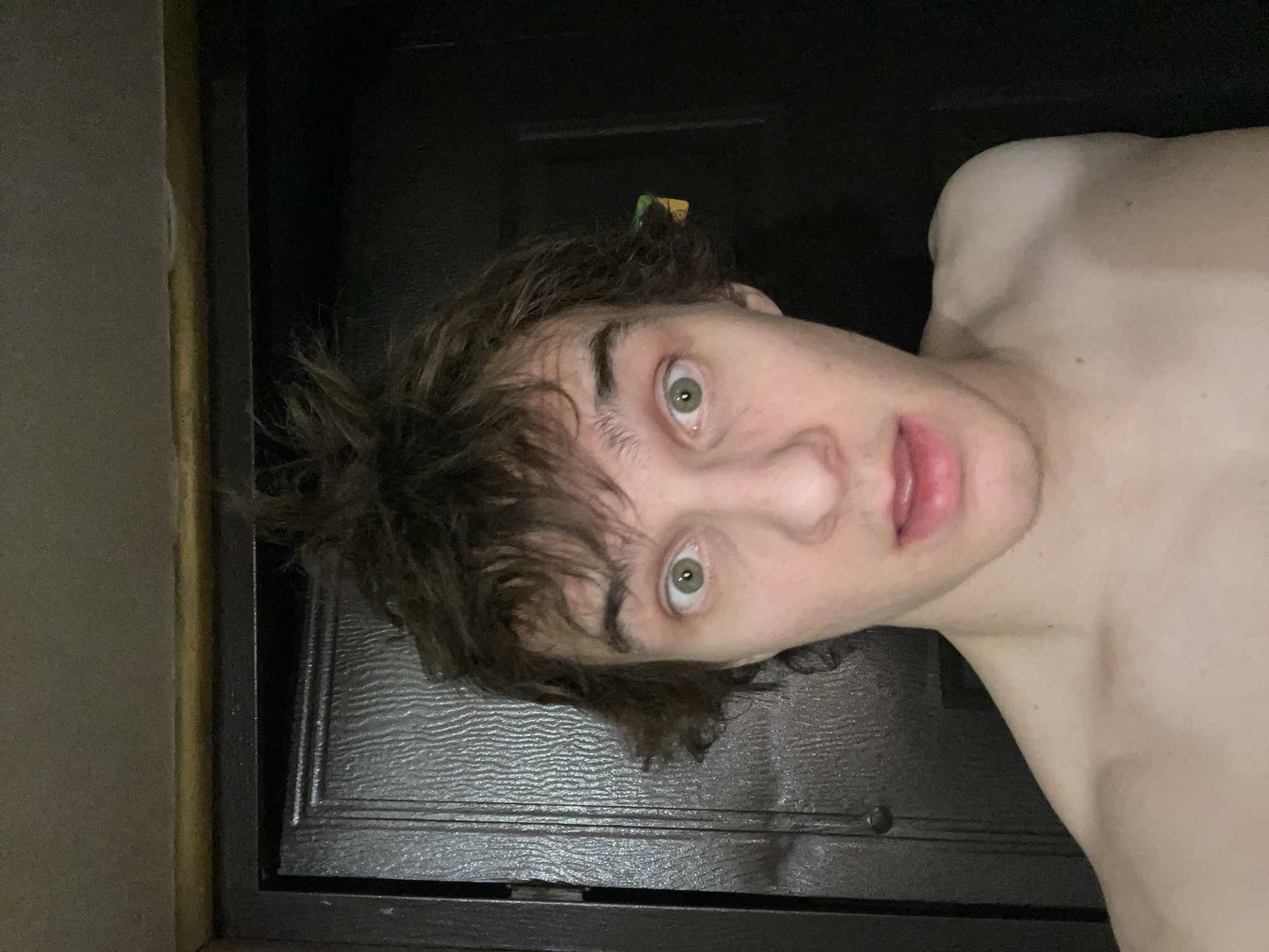A disoriented-looking, shirtless, fair-skinned person with disheveled dark brown hair and green eyes appears to be taking a selfie. The background includes a dark-colored door or surface with horizontal grooves. No specific indicators suggest this photo was taken in Krasnoyarsk, Russia. The subject's expression suggests surprise or confusion.
