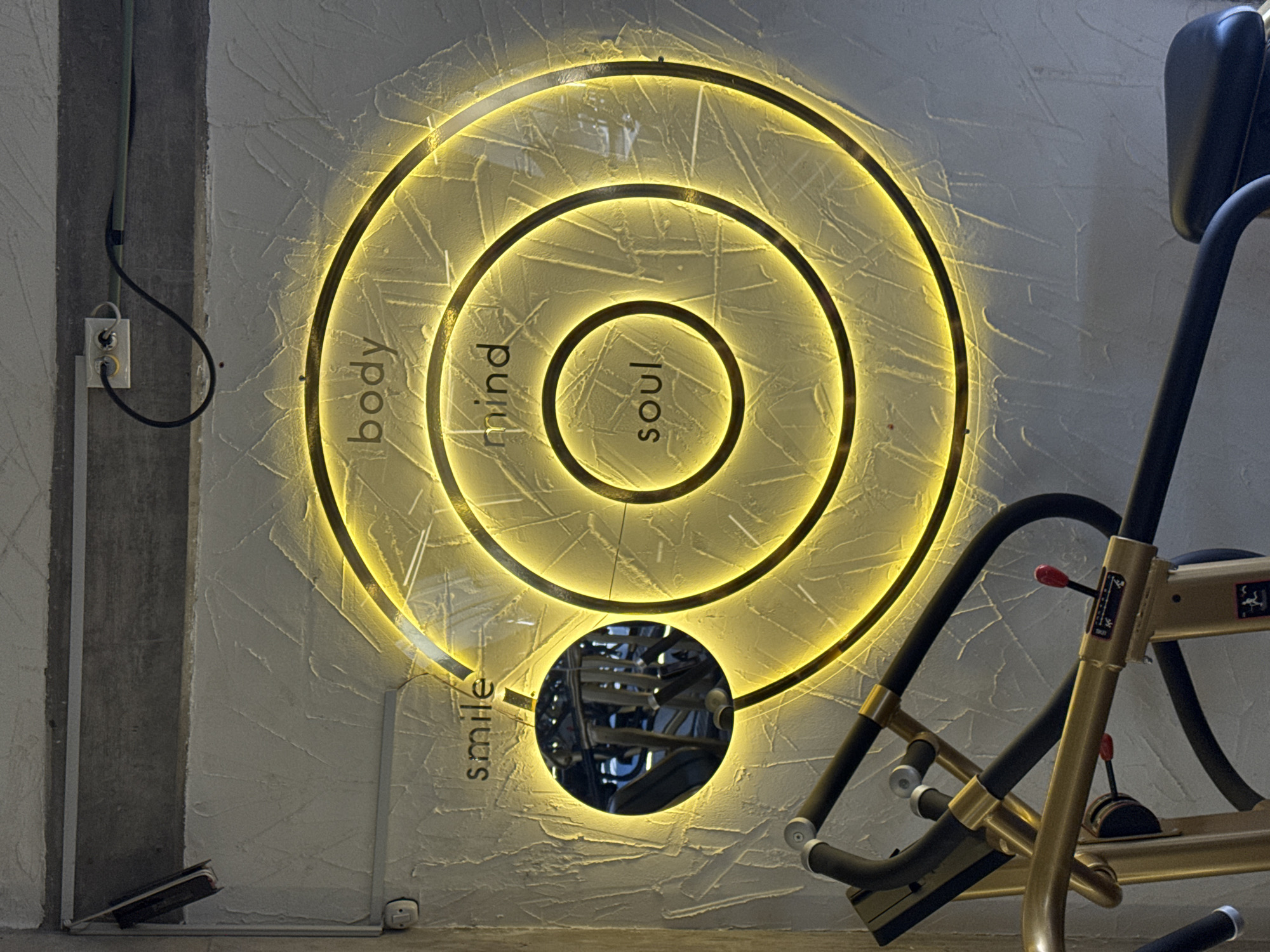 The image shows a circular neon sign on a textured wall. The sign comprises three concentric circles, with the words "body," "mind," and "soul" inscribed along the perimeters of the outer two circles and the innermost circle, respectively. A smaller circle containing a mirror is located beneath the main sign, with the word "smile" inscribed to the side. To the left of the sign, a vertical section of wall has a power outlet and some electrical wiring. To the right, a piece of exercise equipment is partially visible, featuring black rubber tubing and gold-colored metal components.
There are no people visible in the image. The scene is likely an interior setting related to health, wellness, or exercise. The location is Puebla, Mexico.