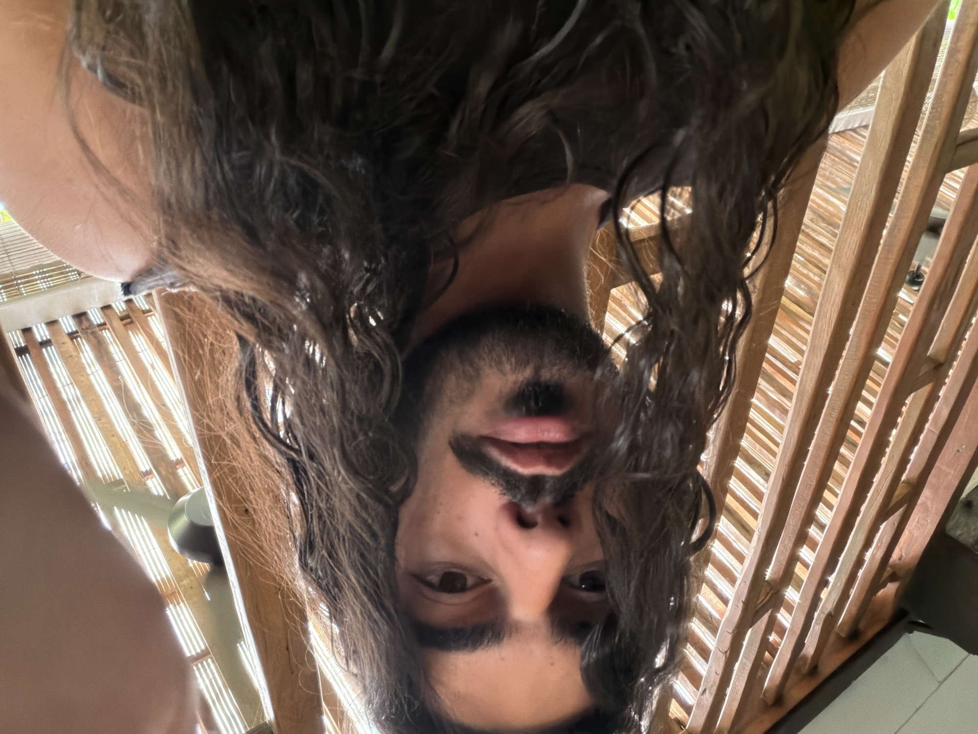This is a low-angle, upside-down selfie of a person with long, dark, wavy hair. The individual has a beard and mustache, and their eyes are open, looking directly at the camera. Their lips are slightly parted. The background consists of wooden slats, possibly part of a ceiling or a slatted structure, with sunlight filtering through the gaps, creating stripes of light and shadow. To the left of the frame, a portion of the person's shoulder or upper arm is visible. In the upper left quadrant of the image, a grey, dome-shaped object, possibly a light fixture or fan, is partially obscured by the wooden slats and the person's hair. The lighting suggests it is daytime. The setting appears to be outdoors or in a covered outdoor area, given the natural light and the architectural elements. There is no visible text in the image.