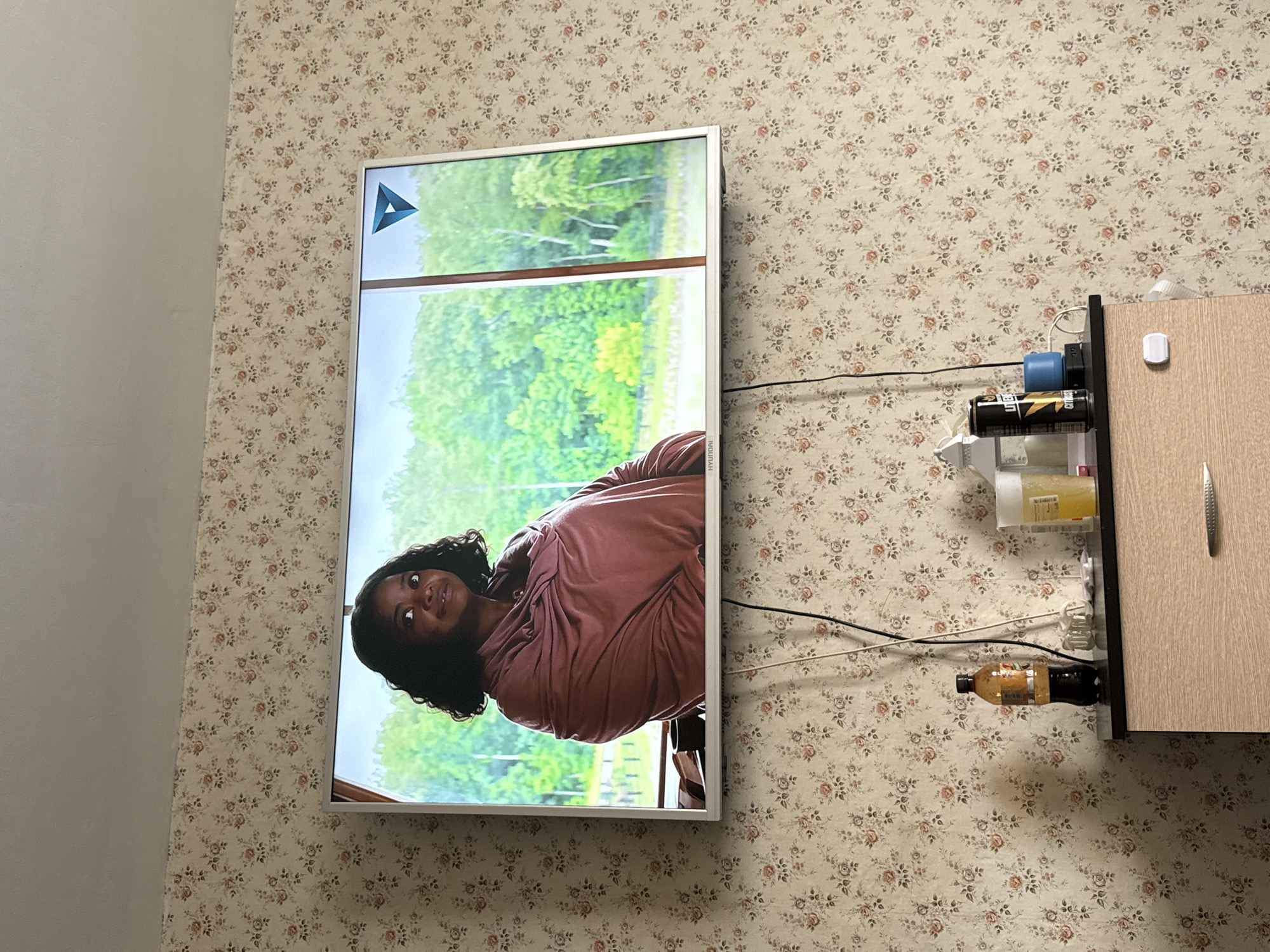 A television is mounted on a wall with floral wallpaper. The screen displays a woman with dark hair wearing a maroon shirt. A cabinet is to the right of the television, and various items are stored on shelves to the left of the cabinet, including cans, bottles, and liquid dispensers. The image was taken in Mytishchi, Russia.