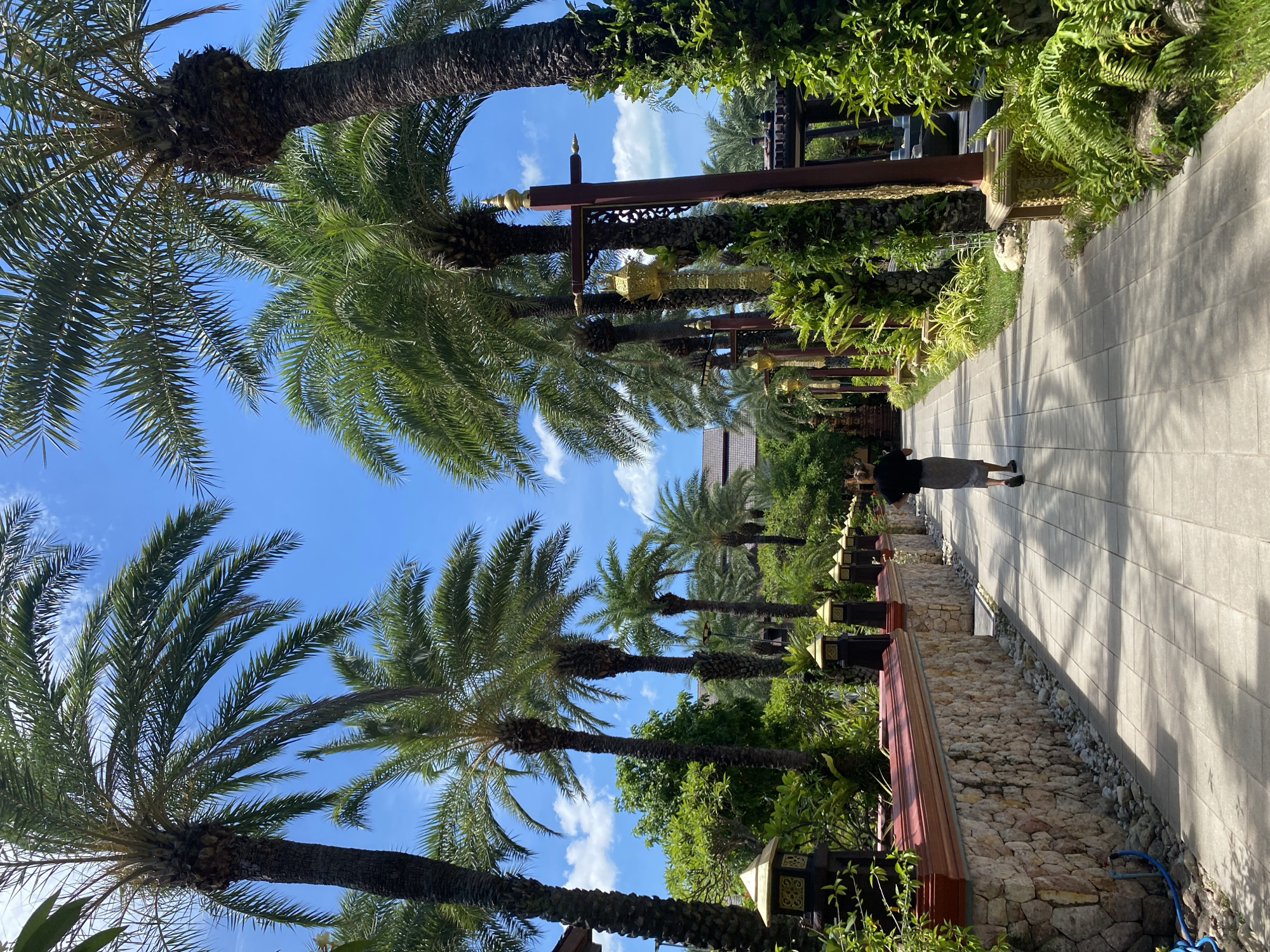 A person walks down a tiled pathway lined with palm trees and lush vegetation. The pathway is made of light-colored square tiles. On the left, a stone wall with a red-capped top runs parallel to the path, adorned with decorative lanterns. On the right, more palm trees and dense greenery are visible, along with ornate lampposts. In the background, a building with a dark roof can be seen. The sky is clear blue with scattered white clouds. This scene appears to be a well-maintained garden or resort in Baan Lamai, Thailand, given the presence of palm trees and architectural style.