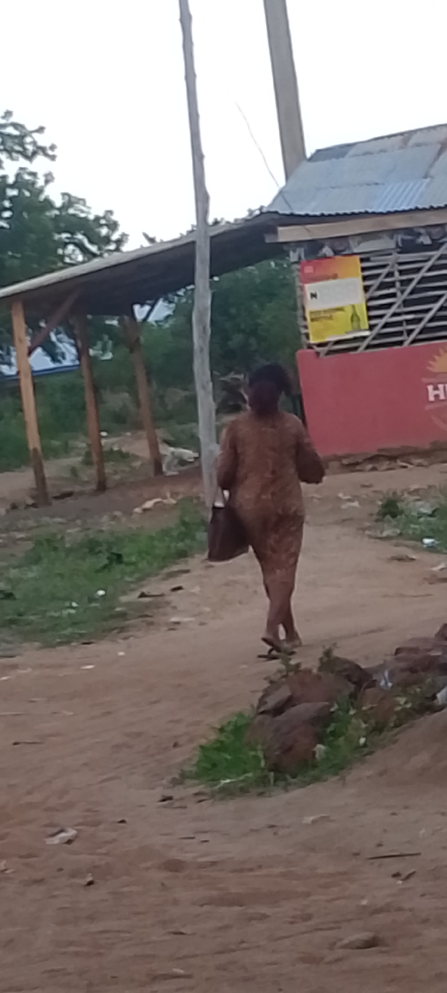 A woman walks away from the viewer on a dirt road in Adankolo, Nigeria. She wears a brown patterned dress and carries a brown bag. The road has rocks and some sparse vegetation. A corrugated metal roof structure stands to the left, and a red building with signage is on the right. A utility pole is visible in the foreground. The sky is overcast.